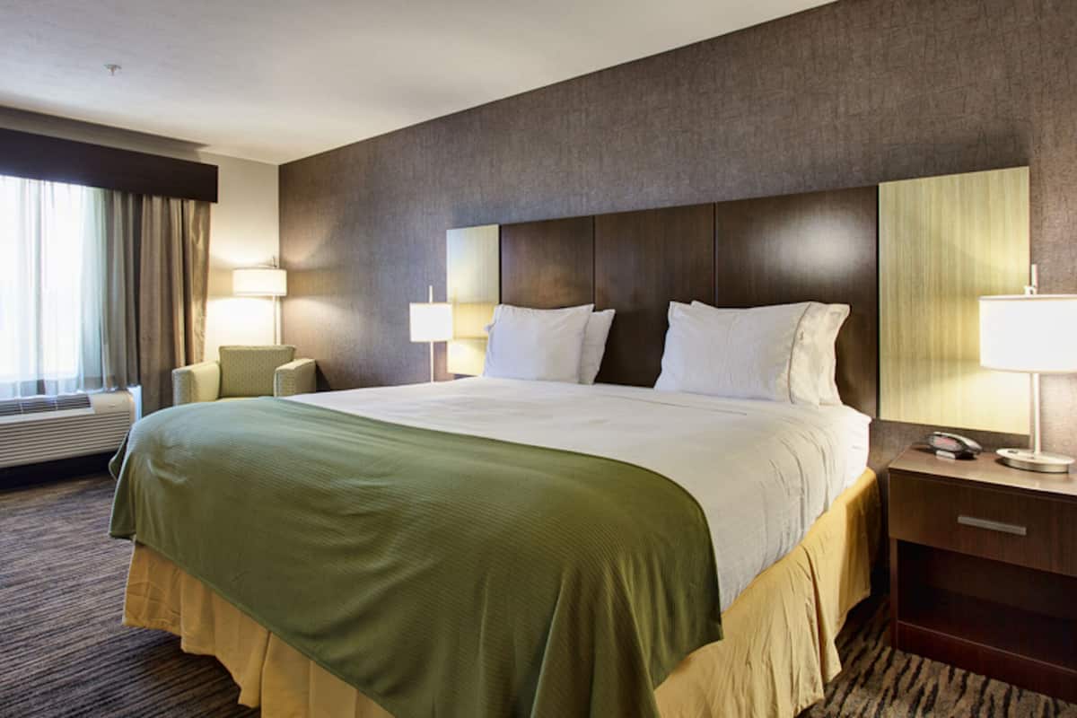 A hotel room with a large bed, two bedside tables with lamps, a headboard, and a view of the outdoors.