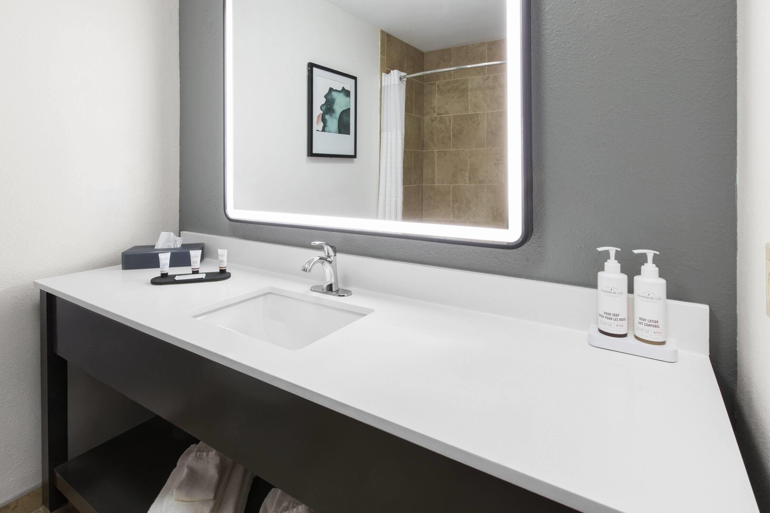 A modern bathroom with a white sink, a mirror, and two bottles of lotion on the counter.