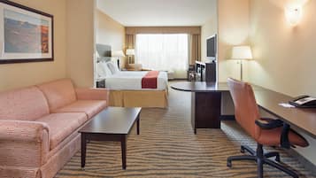 A hotel room with a bed, a desk, a chair, a sofa, and a television.
