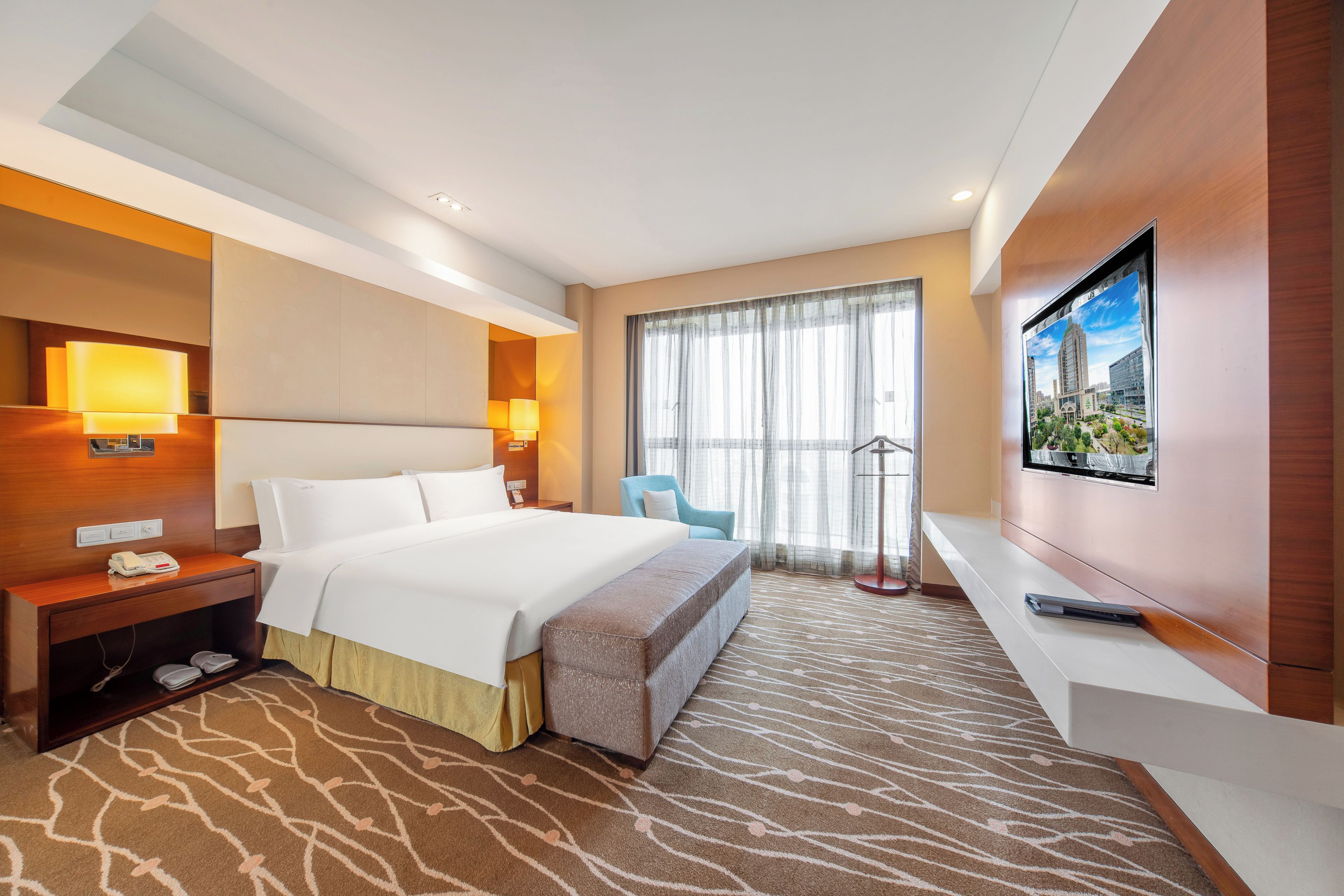 A hotel room with a bed, bedside table, lamp, TV, and a view of the city.