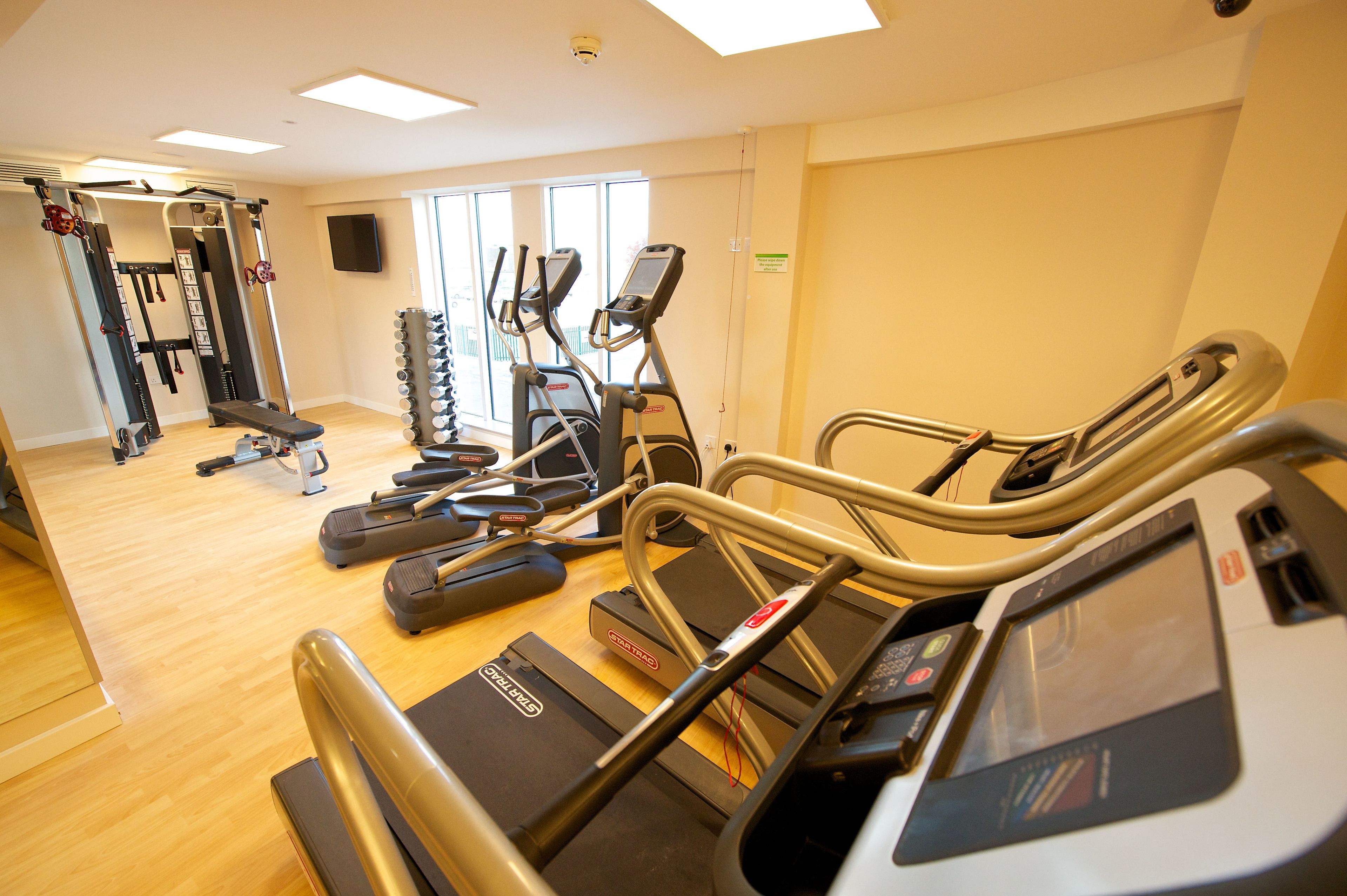 A gym with treadmills, ellipticals, and weight machines.