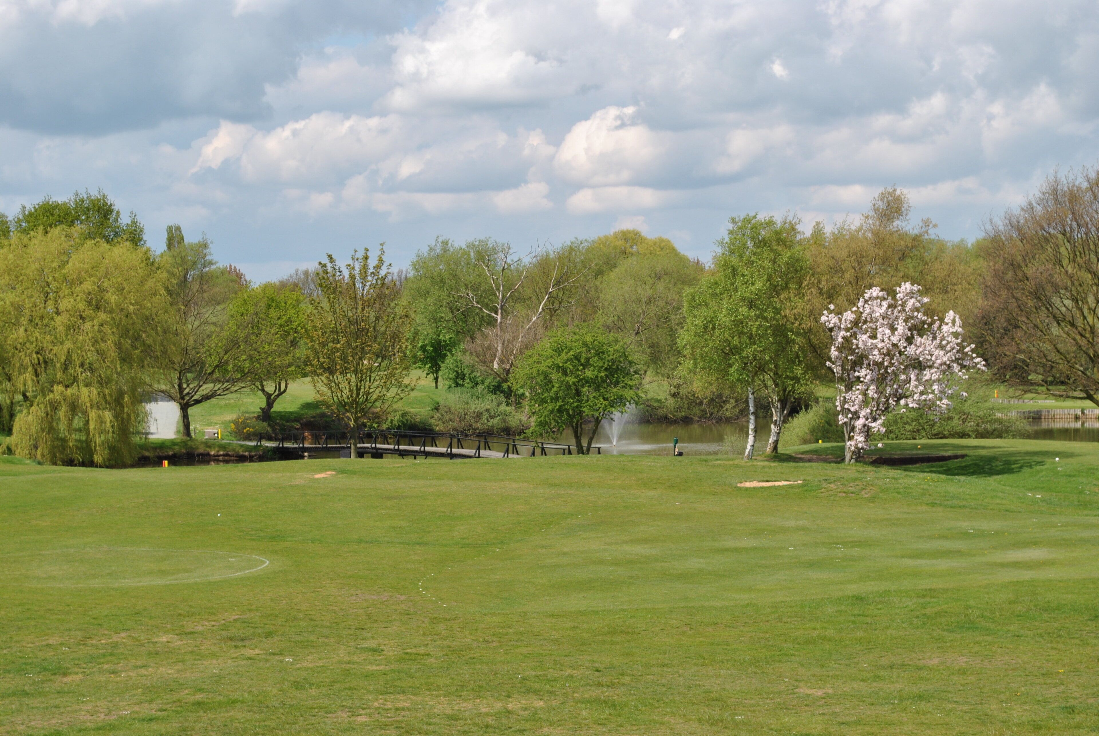 A golf course with a pond, trees, and a cloudy sky.
