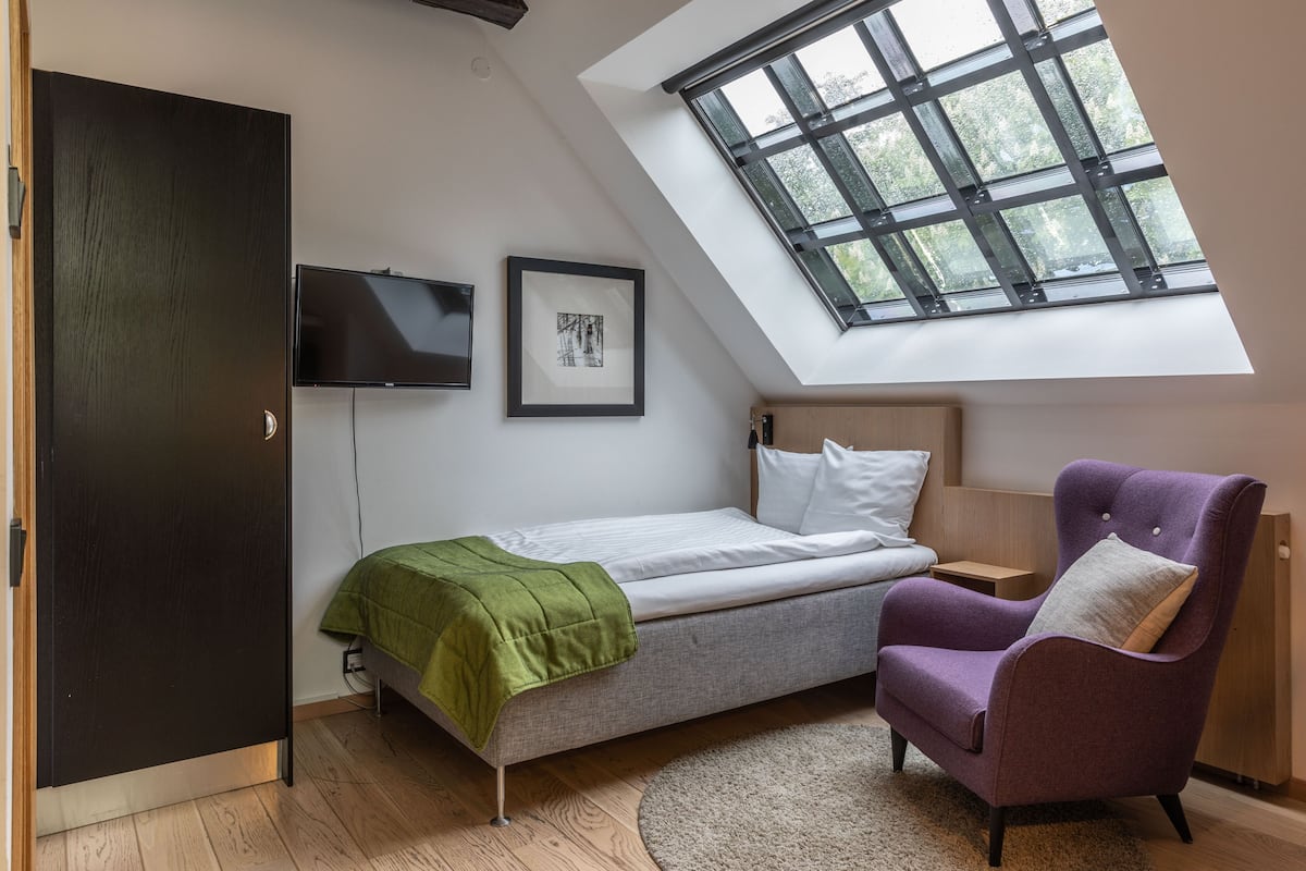 A bedroom with a skylight, a bed with a green blanket, a purple armchair, a TV, and a framed picture on the wall.