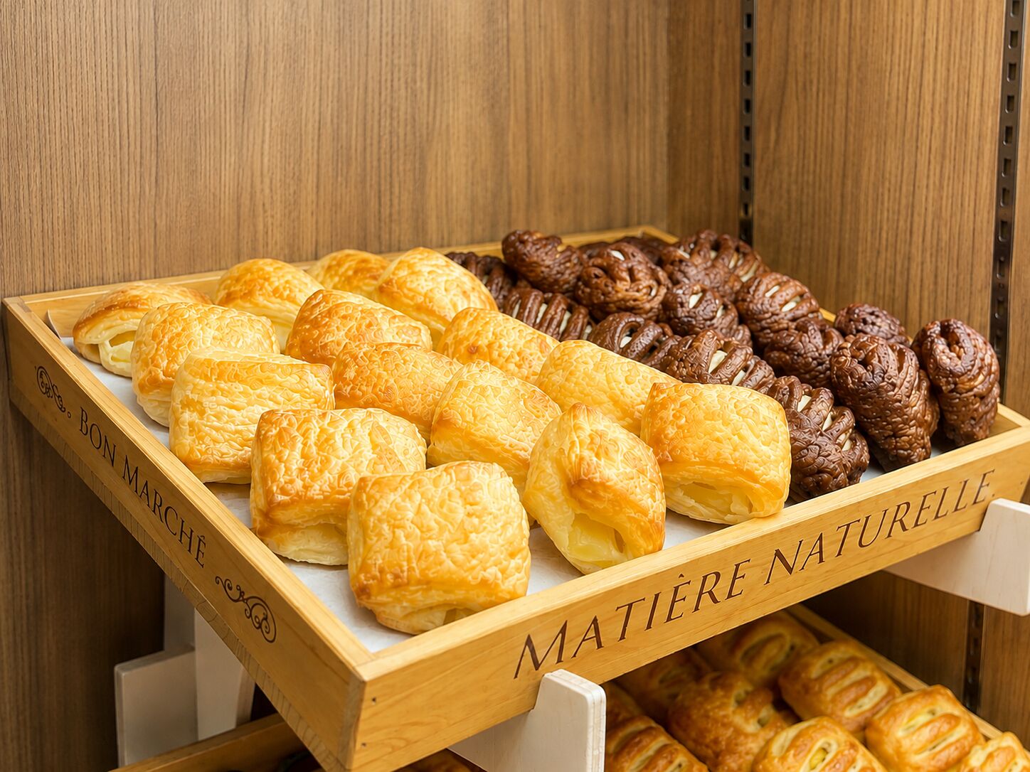 Un expositor de madera con pasteles etiquetados 'BON MARCHÉ' y 'MATIÈRE NATURELLLE'.