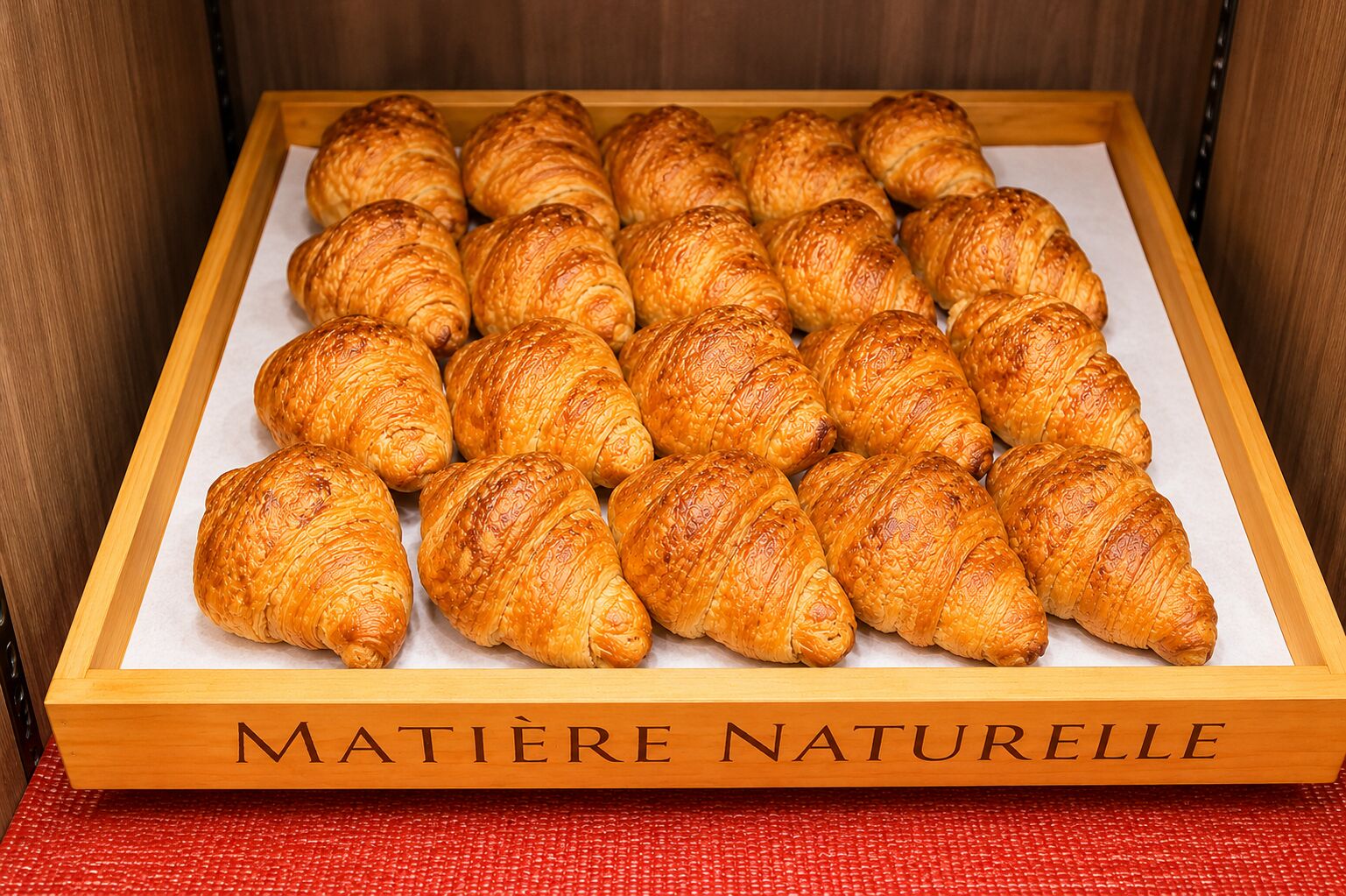 A wooden box labeled 'MATIÈRE NATURELLE' containing a dozen golden-brown croissants.