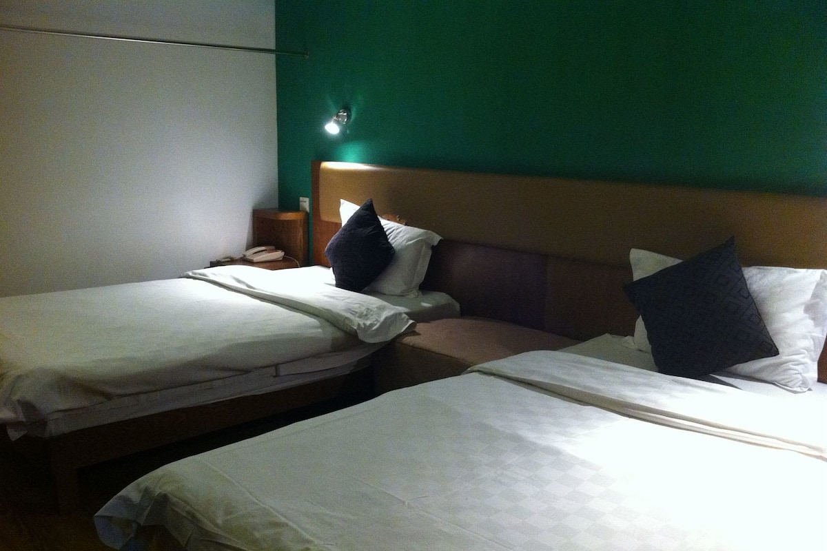 Two single beds with white linens, a bedside table with a lamp, and a green wall.