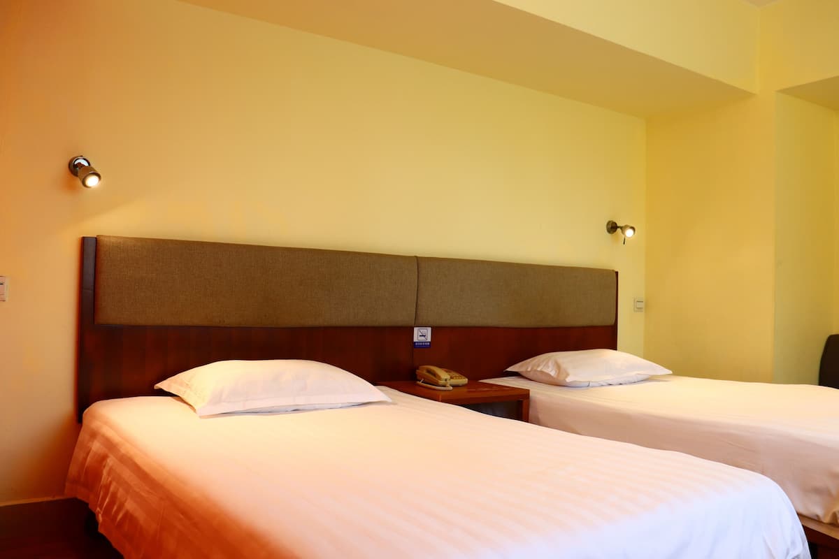Een hotelkamer met twee eenpersoonsbedden, een houten hoofdbord, een nachtkastje met telefoon en een wandlamp.