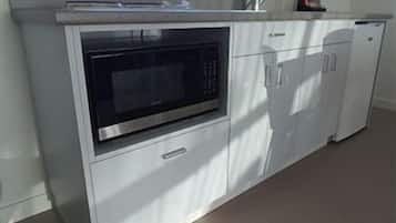 Fridge, microwave, coffee/tea maker, electric kettle