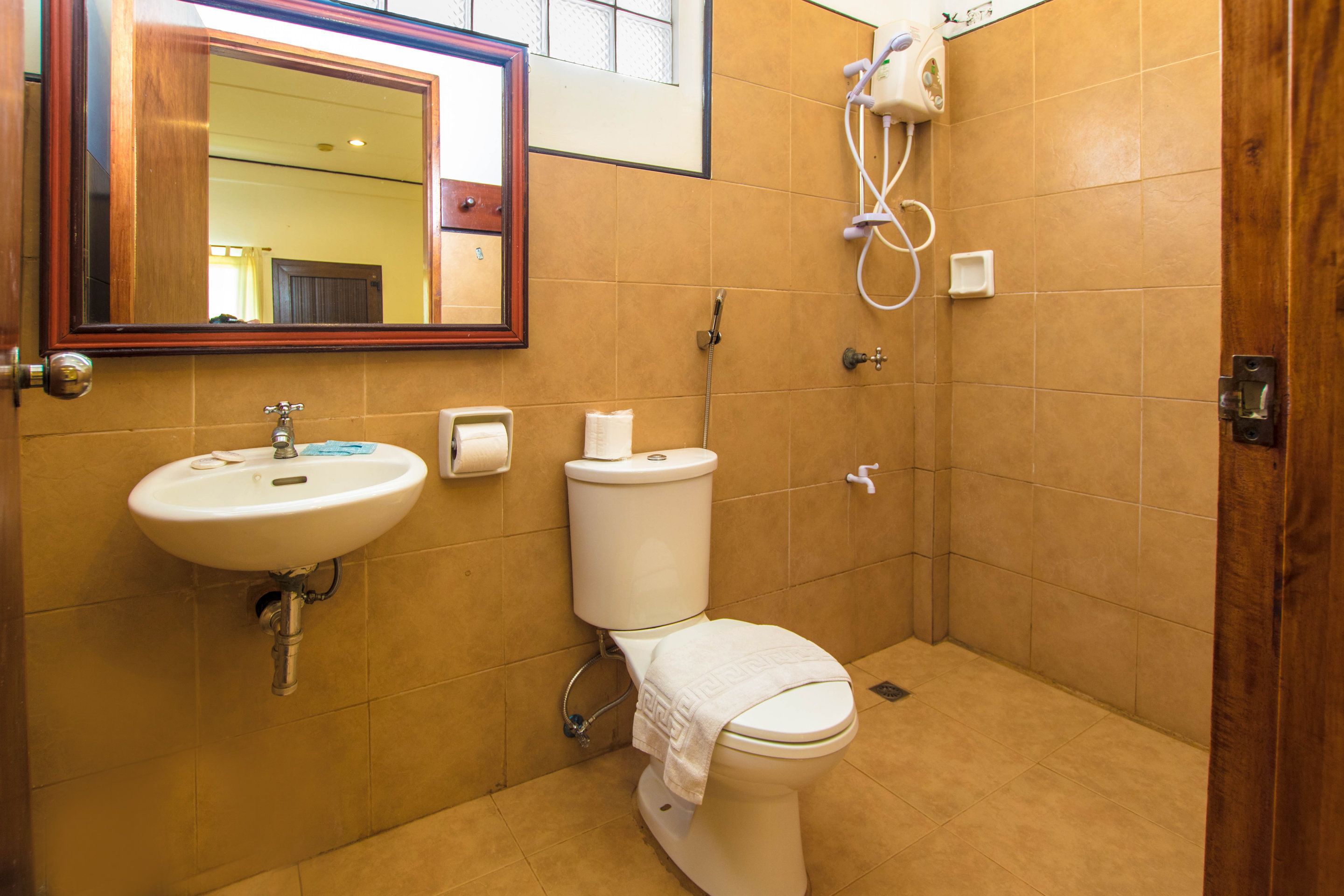 deluxe room | bathroom | shower, hair dryer, bidet, towels