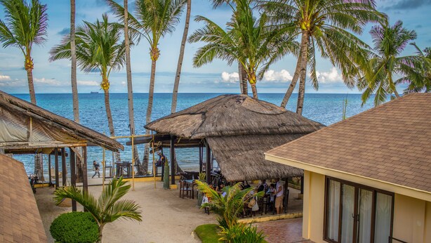 A beachside resort with thatched-roof structures, palm trees, and a view of the ocean. - Levantin (Boracay Island)