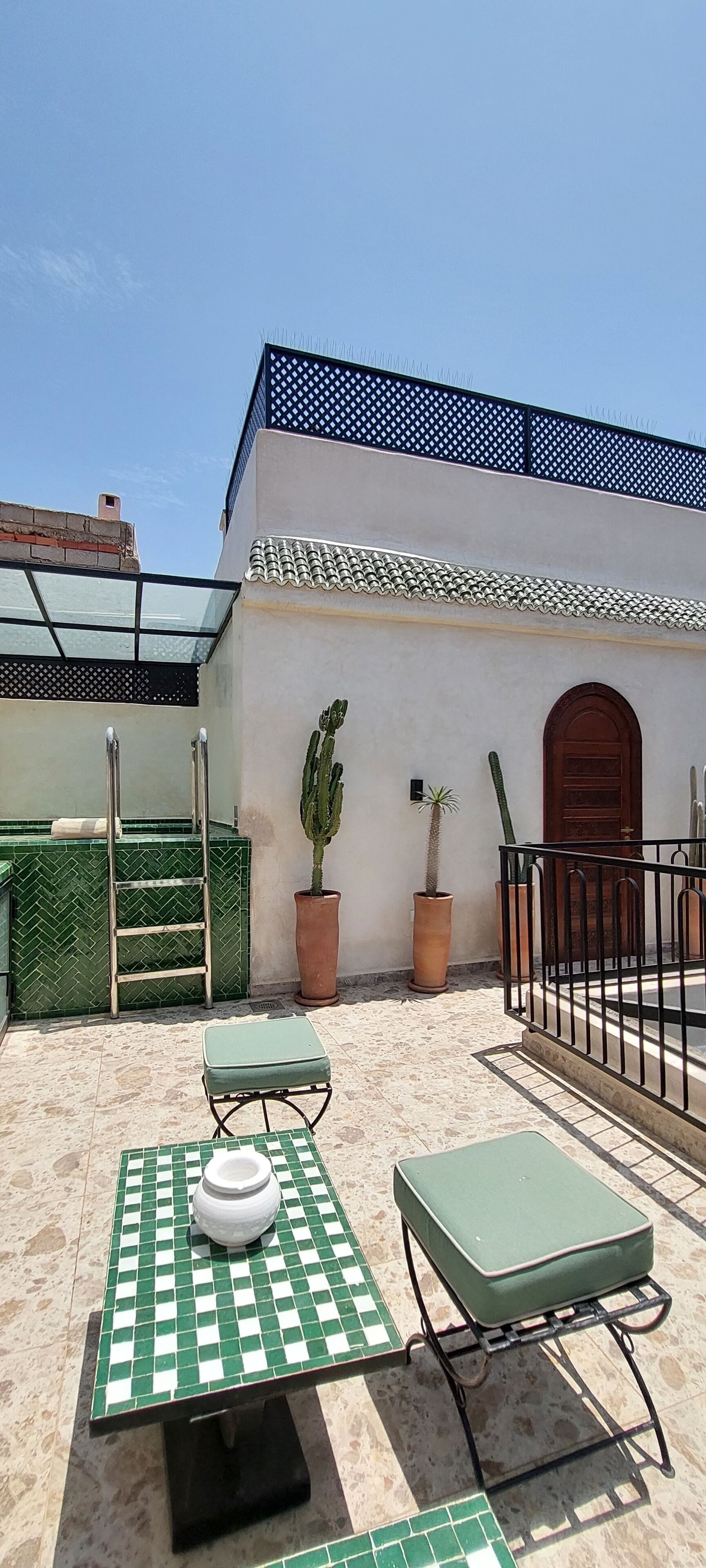 A rooftop terrace with a checkered table, a ladder, potted plants, and a metal railing.