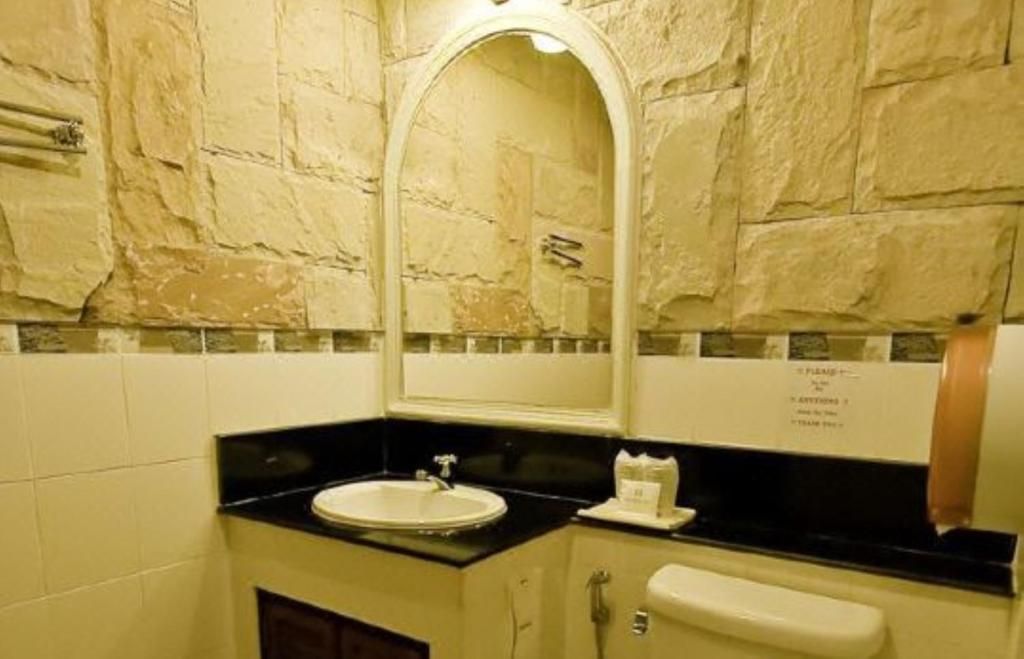 Une salle de bain avec un mur en pierre, un lavabo, un miroir et un distributeur de serviettes.