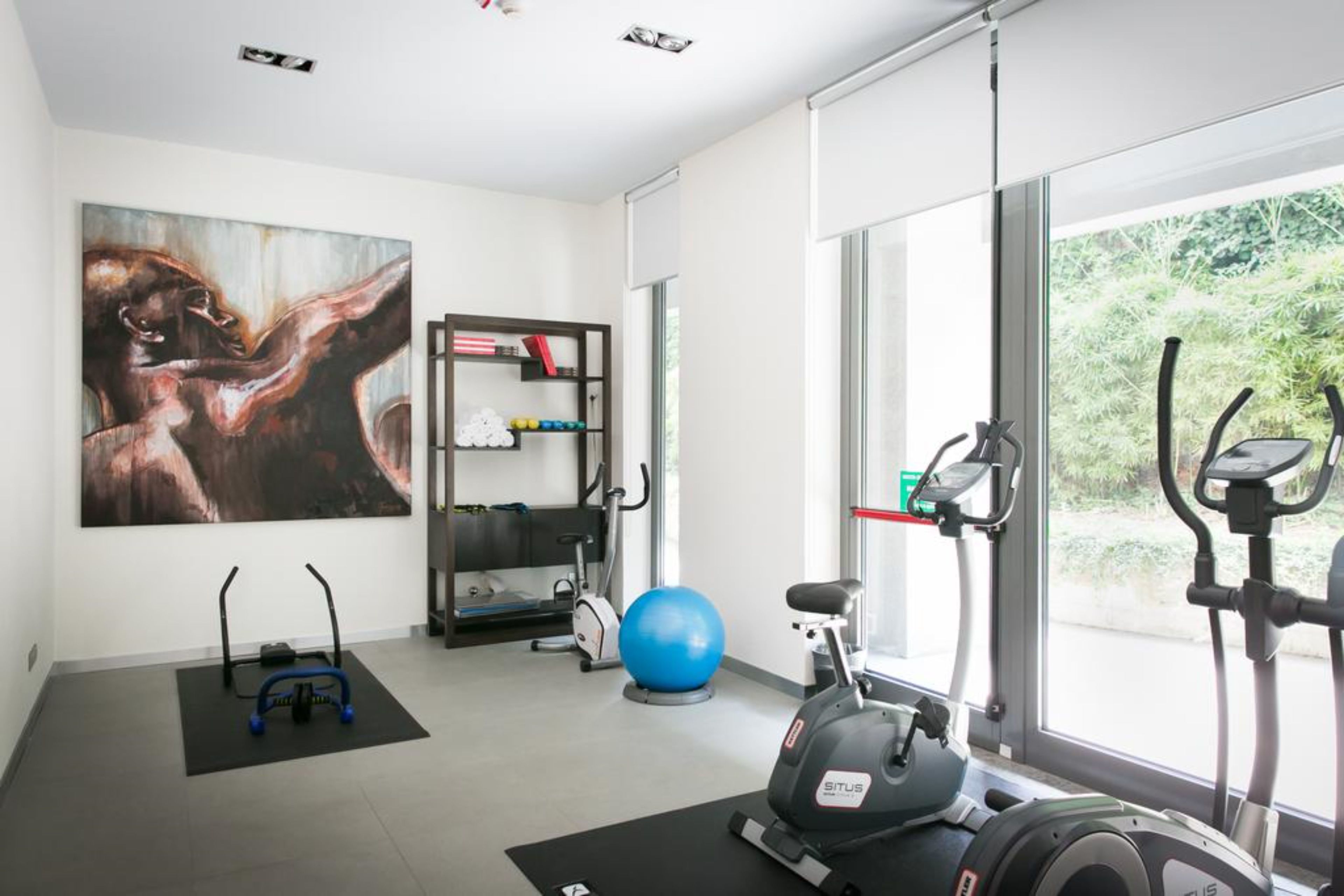 A modern gym with exercise equipment, a large abstract painting, and a view of greenery through large windows.