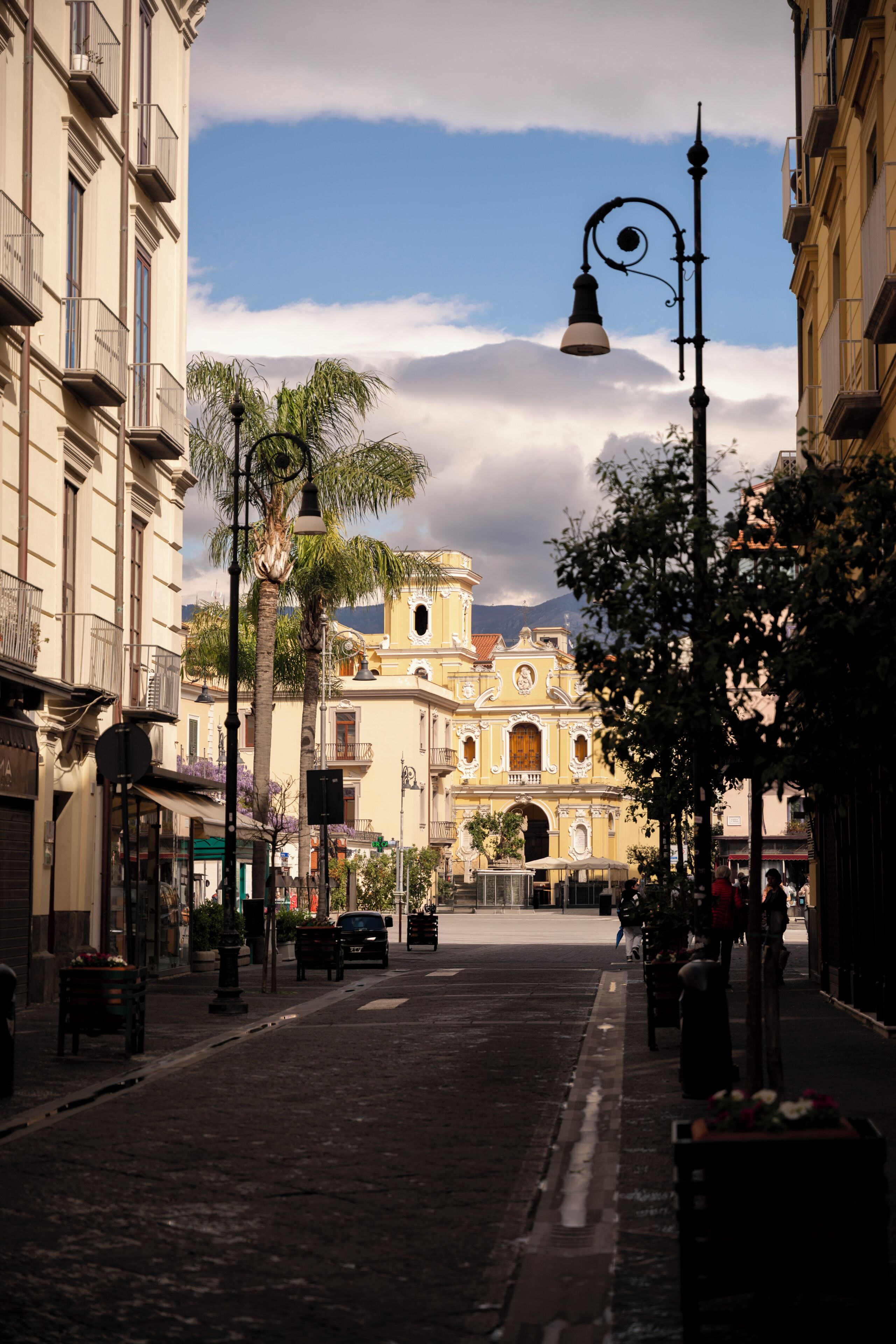 A street with buildings, a street lamp, and a palm tree.