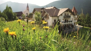 A rural setting with a house surrounded by a field of wildflowers and mountains in the background. - Turmhotel Gschwendt (Valle di Casies)