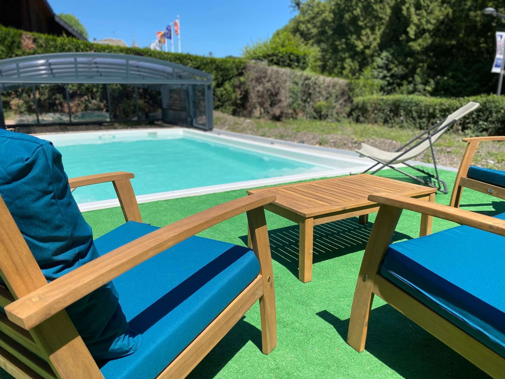 indoor pool, outdoor pool, pool loungers