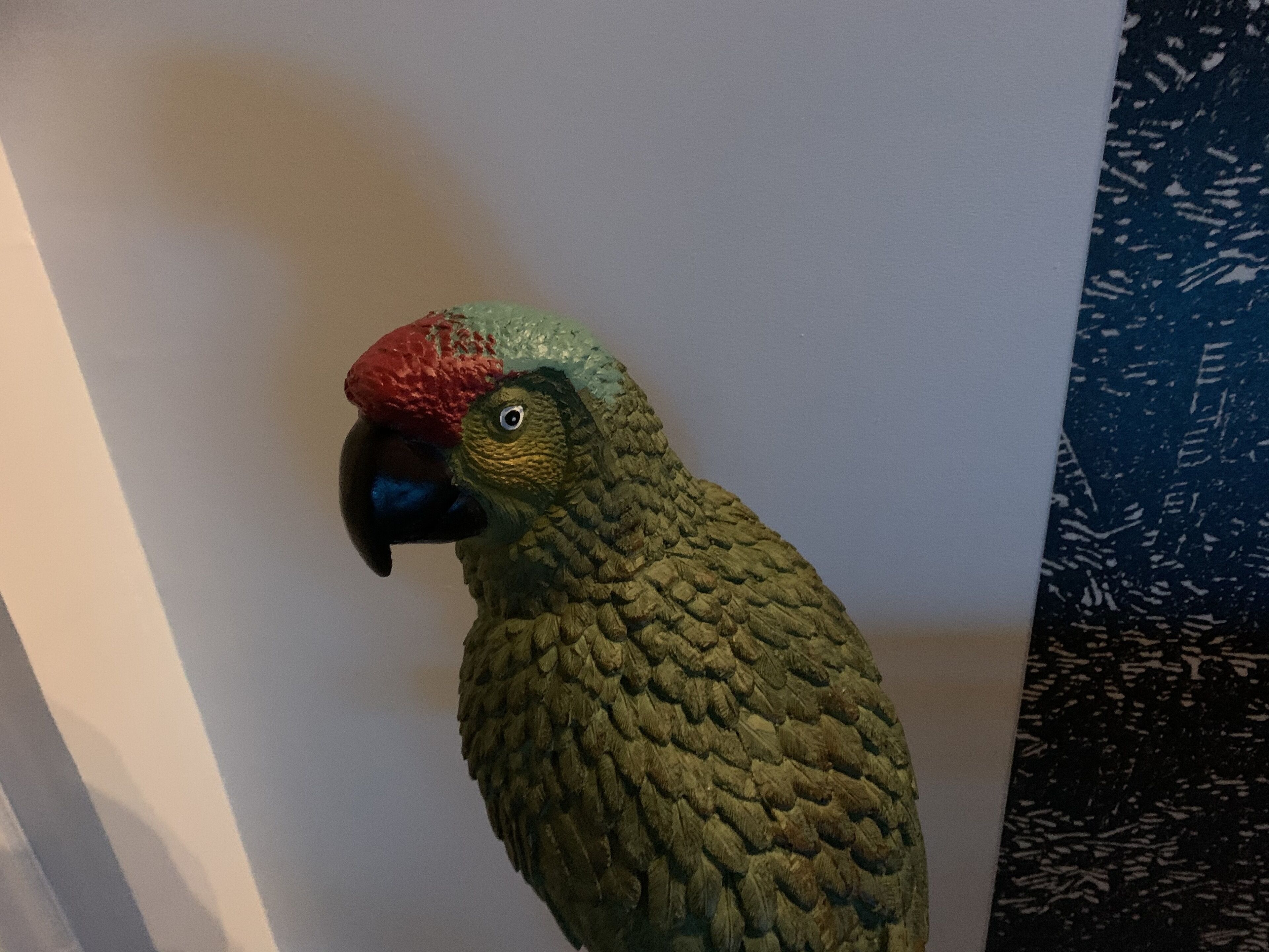A parrot with green and red feathers, positioned against a plain wall.