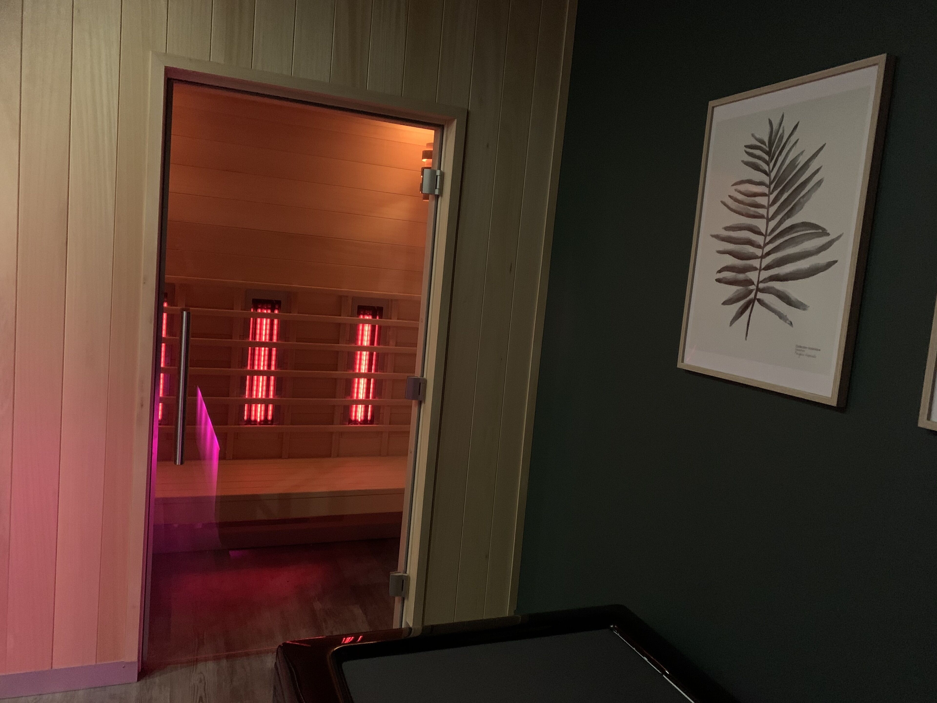 Ein Flur mit einer Holztür, die zu einem Raum mit roter Beleuchtung führt. Ein gerahmtes Pflanzenbild hängt an der Wand.