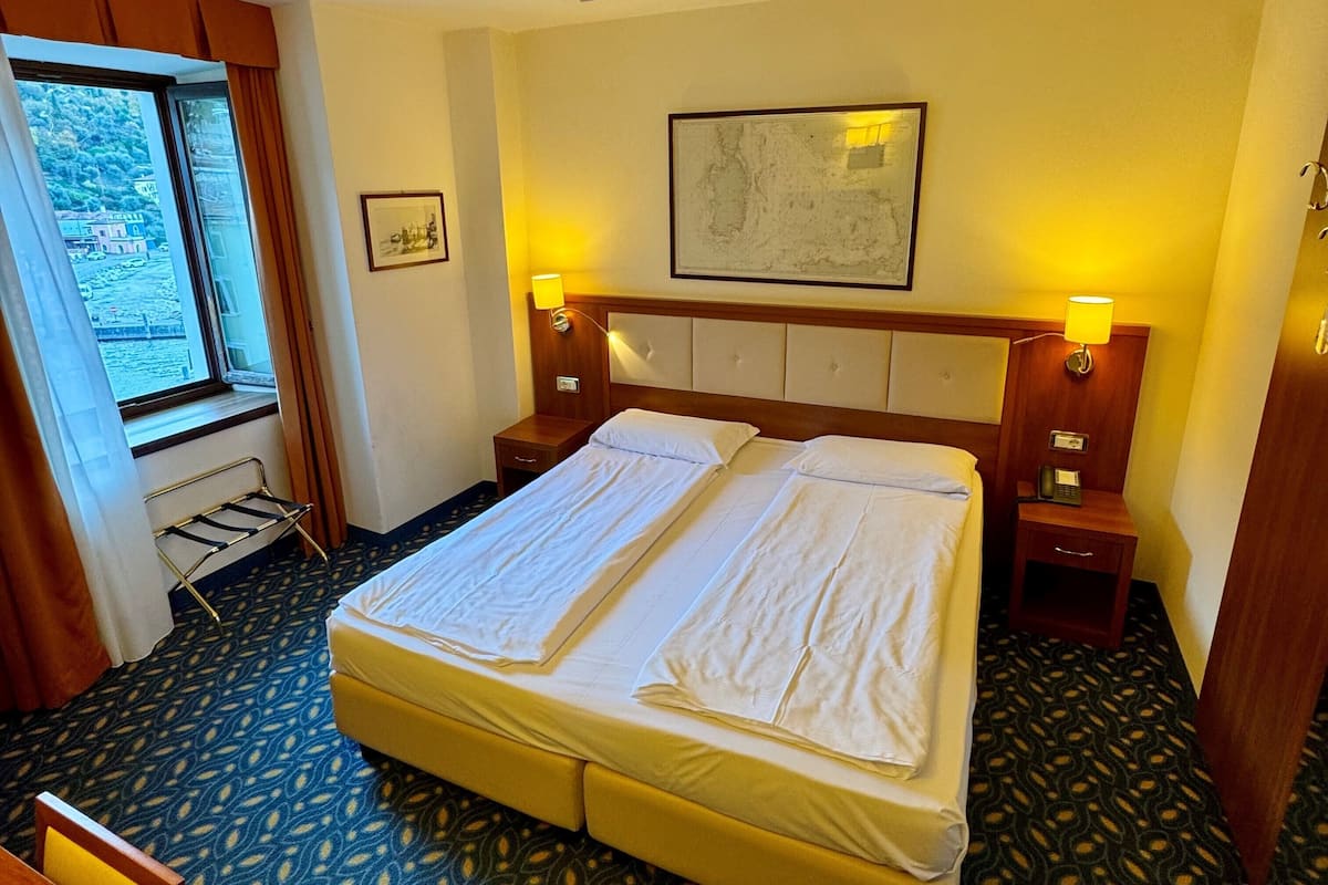 A hotel room with a double bed, two bedside tables with lamps, a window with curtains, a patterned carpet, and a framed picture on the wall.