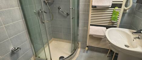 A modern bathroom with a glass-enclosed shower, a bidet, and a sink.