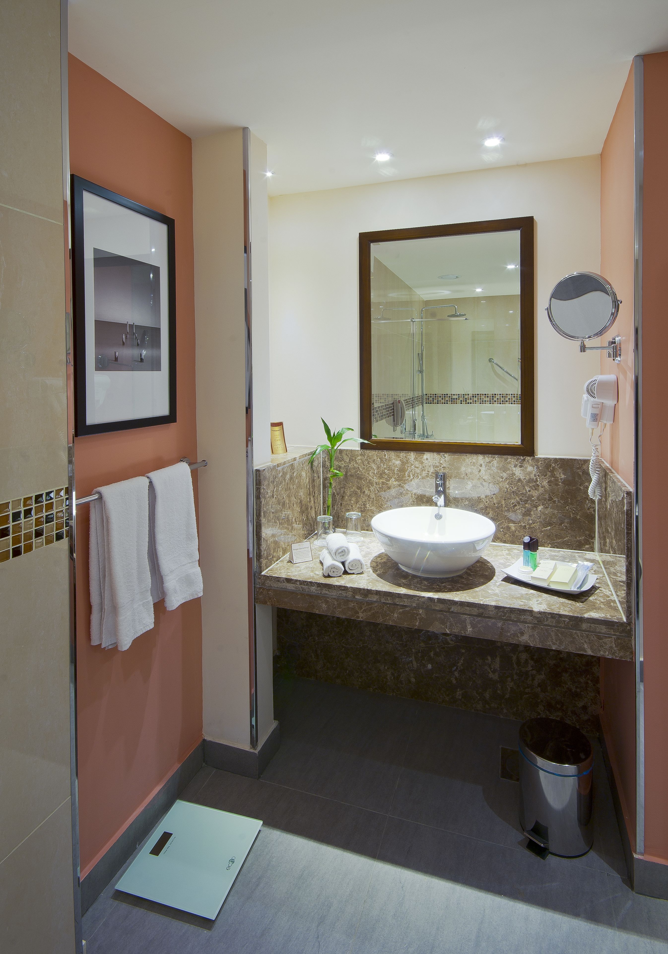 A bathroom with a sink, mirror, towel rack, and a framed picture on the wall.