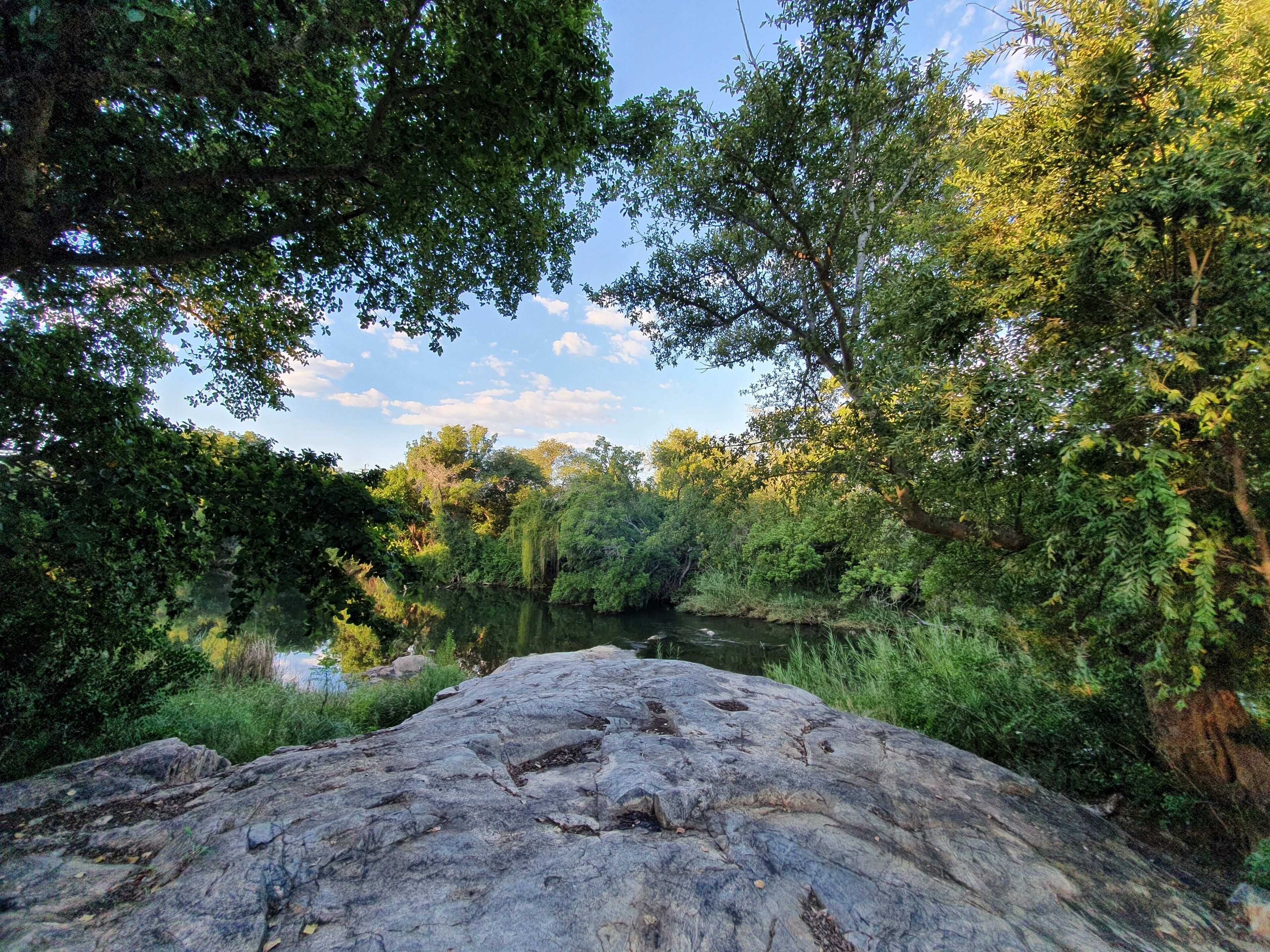 A natural landscape with a river, dense greenery, and a large rock in the foreground.