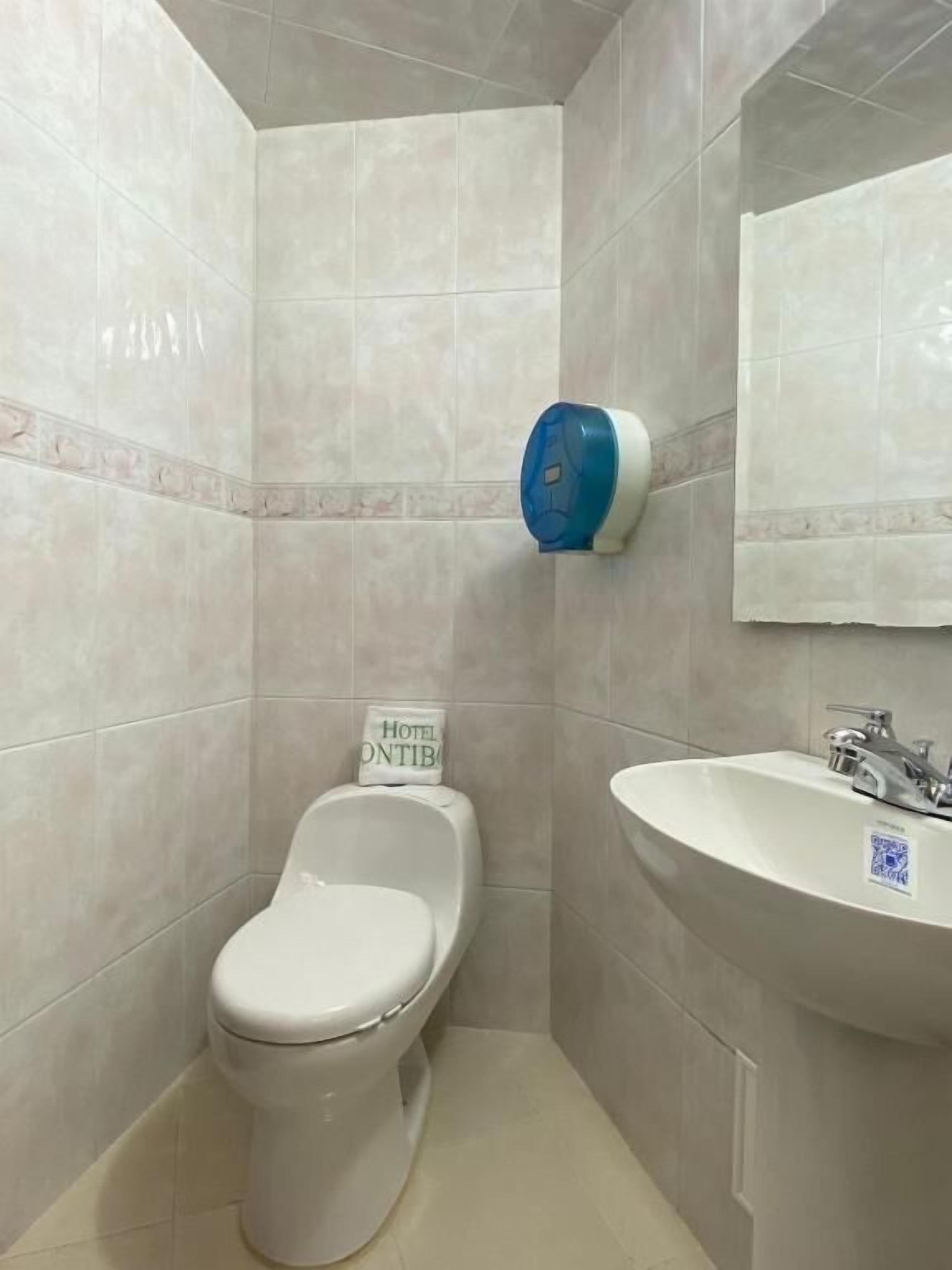 Une salle de bain équipée de toilettes, d’un lavabo et d’un sèche-mains fixé au mur.