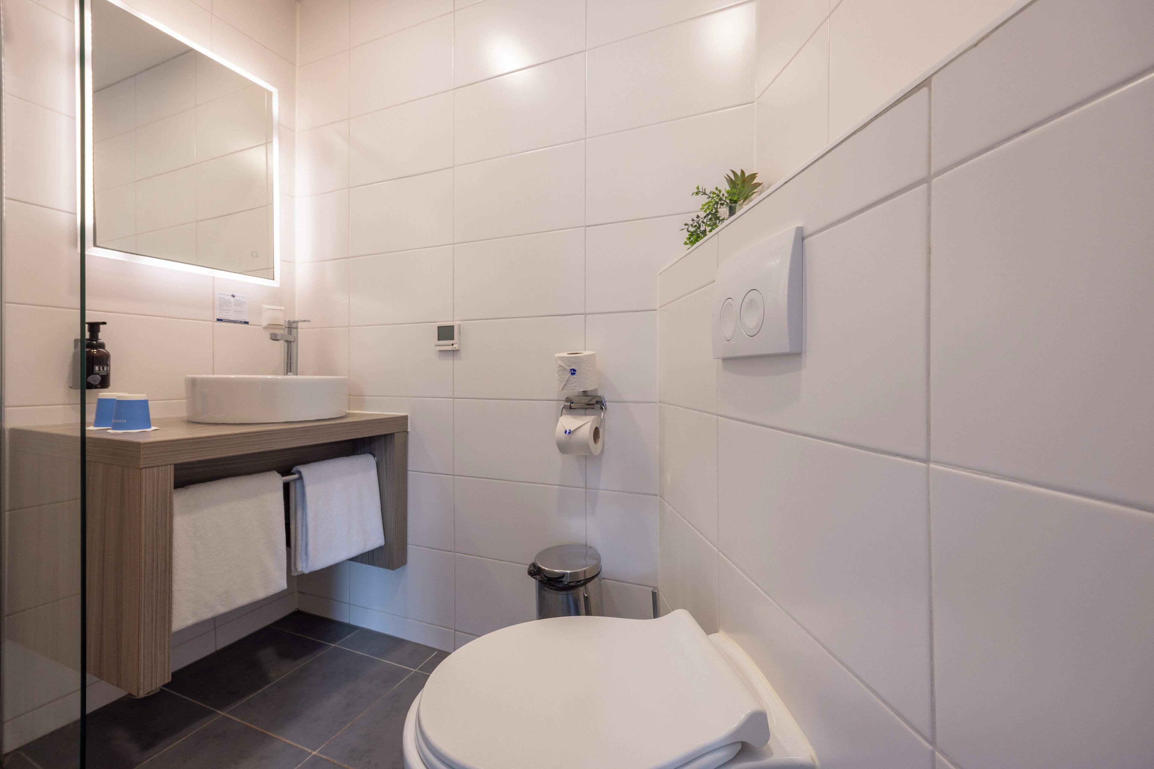 A modern bathroom with a toilet, sink, and mirror.