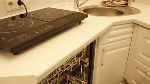 Une cuisine équipée d’une plaque de cuisson à induction intégrée, d’un lave-vaisselle et d’un évier.