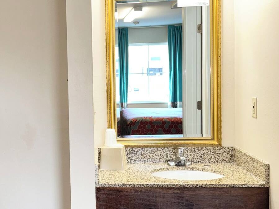 A bathroom with a granite countertop sink, a gold-framed mirror, and a trash can.