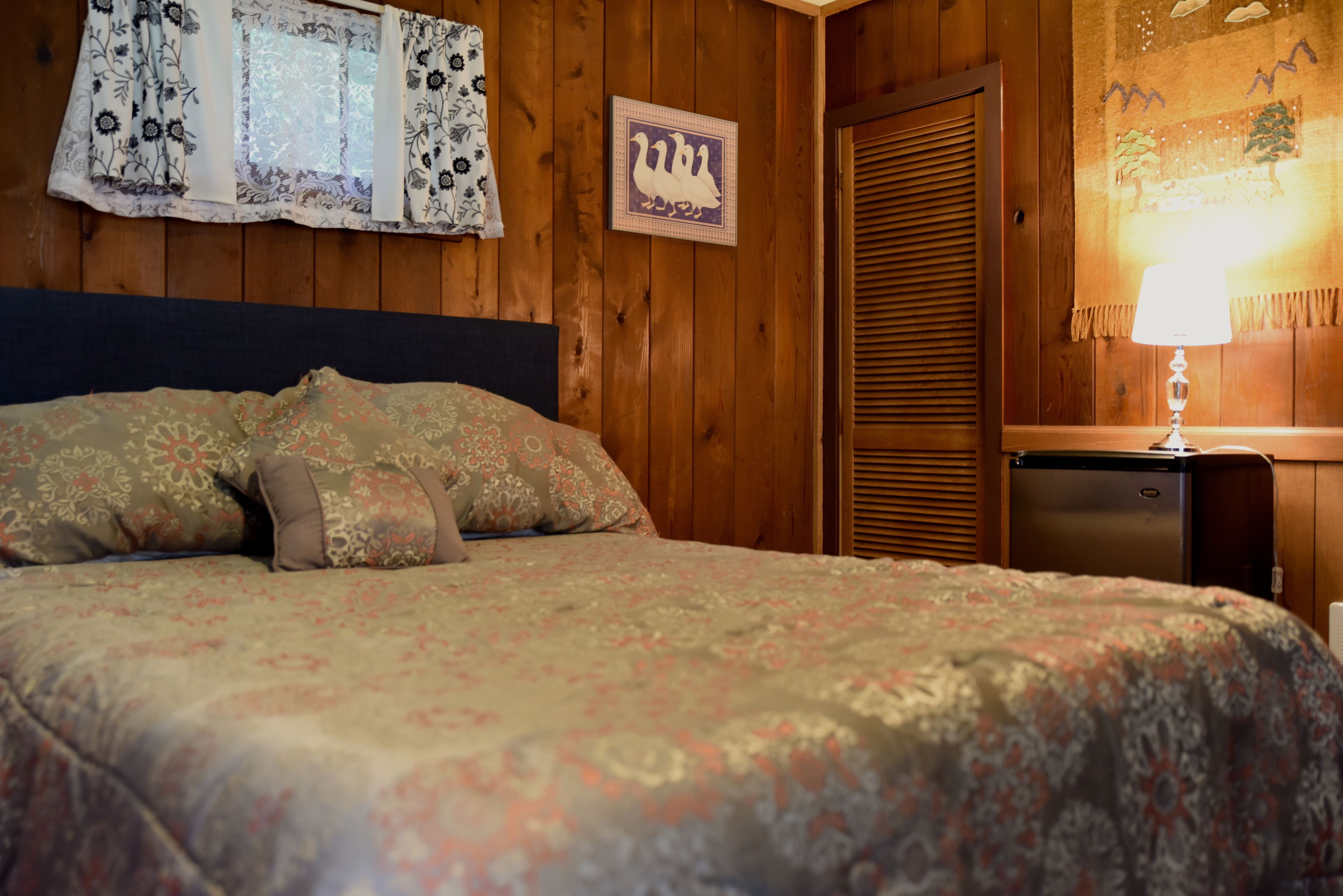 A bedroom with a bed, a nightstand, a lamp, a wooden wardrobe, and a wall with a framed picture.