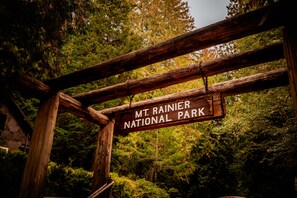 A wooden sign for Mt. Rainier National Park.