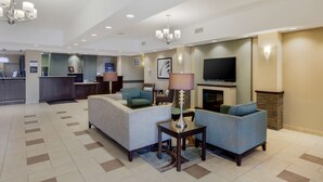 Una moderna hall d'albergo con divano, poltrone, televisore, camino e reception.