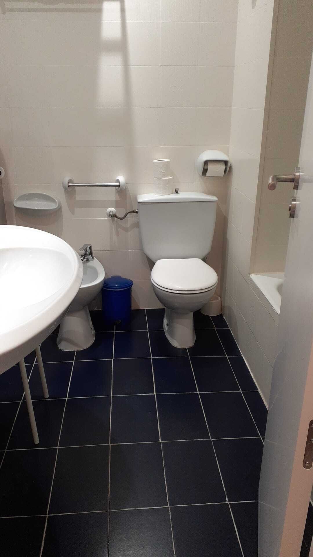 Un baño con inodoro blanco, un bidé, un lavabo y un cubo de basura azul.
