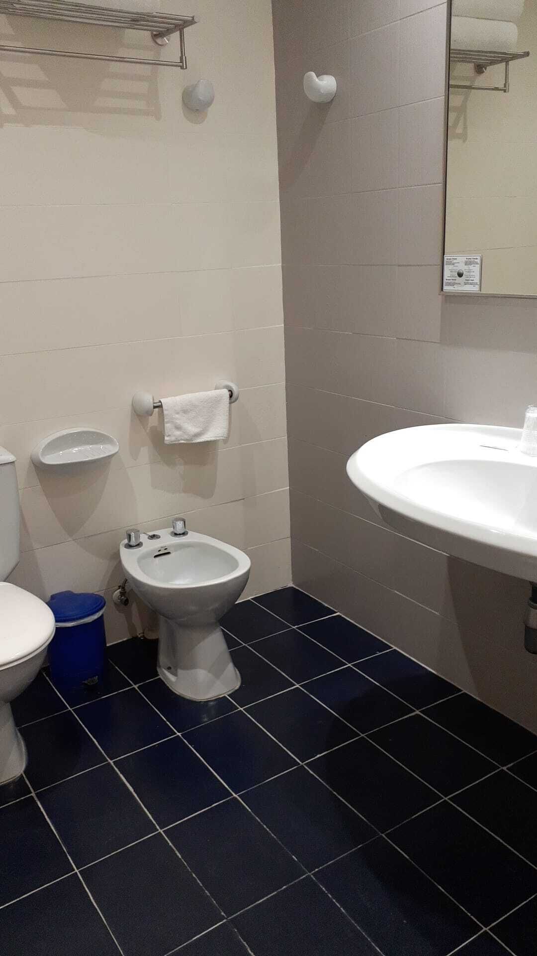 Ein Badezimmer mit Toilette, Bidet, Waschbecken und einer blauen Mülleimer.