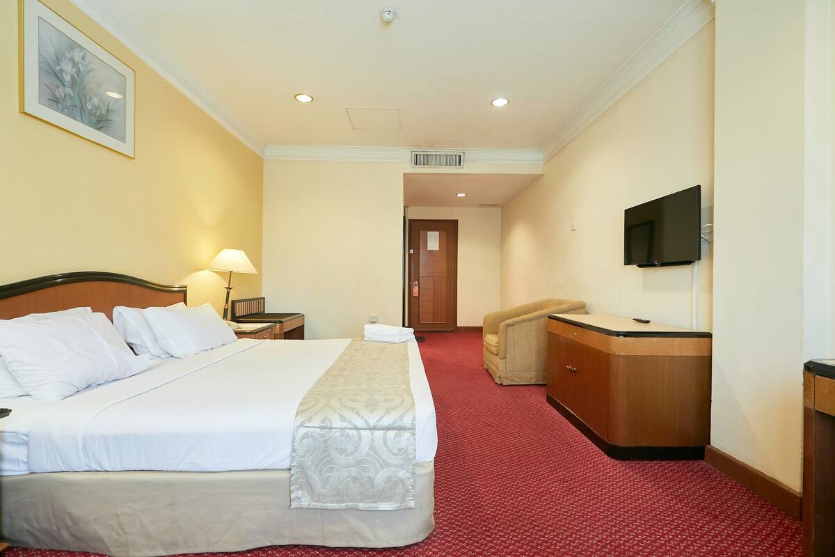 A hotel room with a bed, a desk, a chair, a television, and a red carpet.
