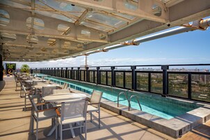 Outdoor pool, pool umbrellas, pool loungers