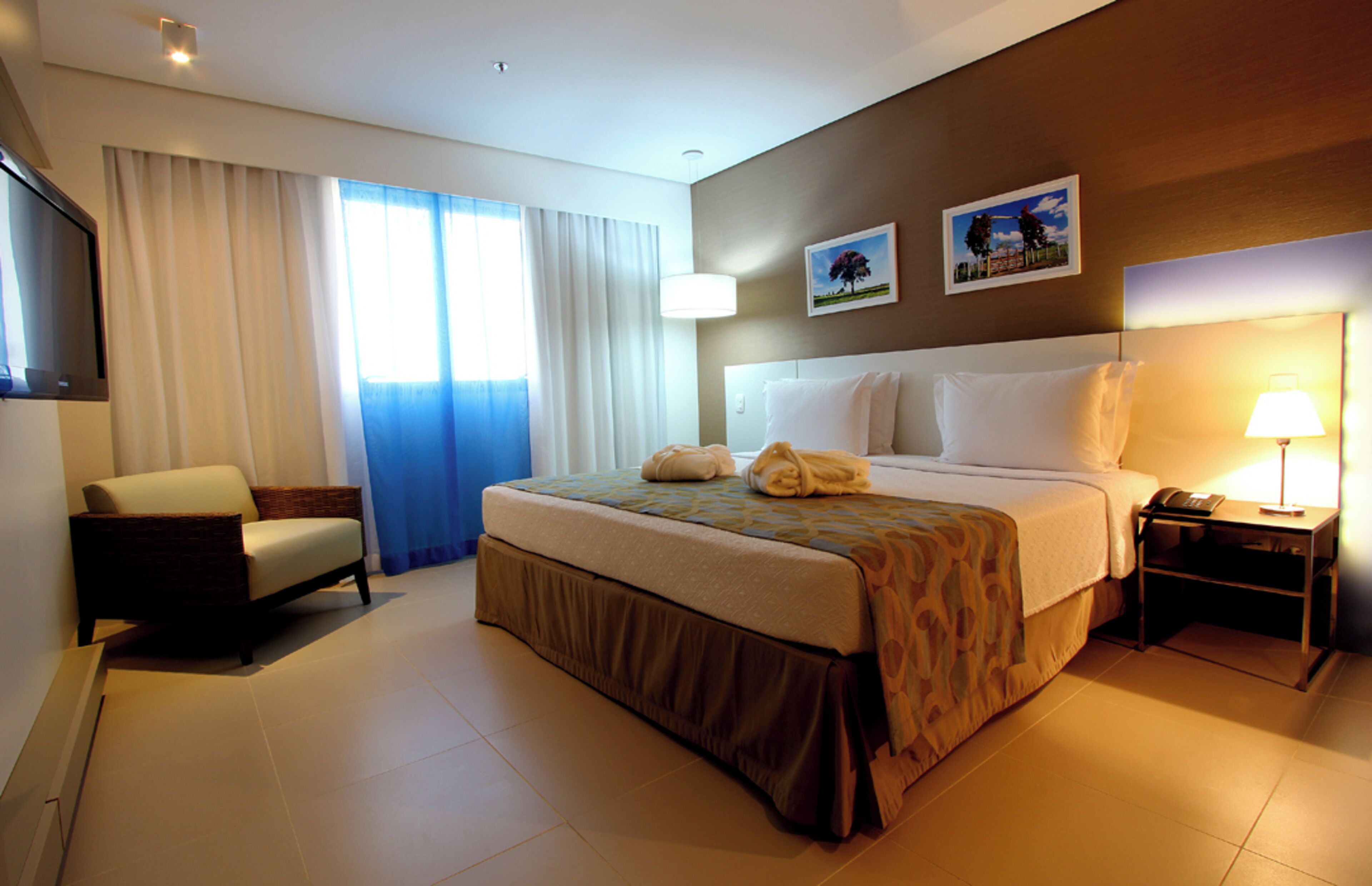 A hotel room with a bed, a chair, a desk, a TV, and a window with curtains.