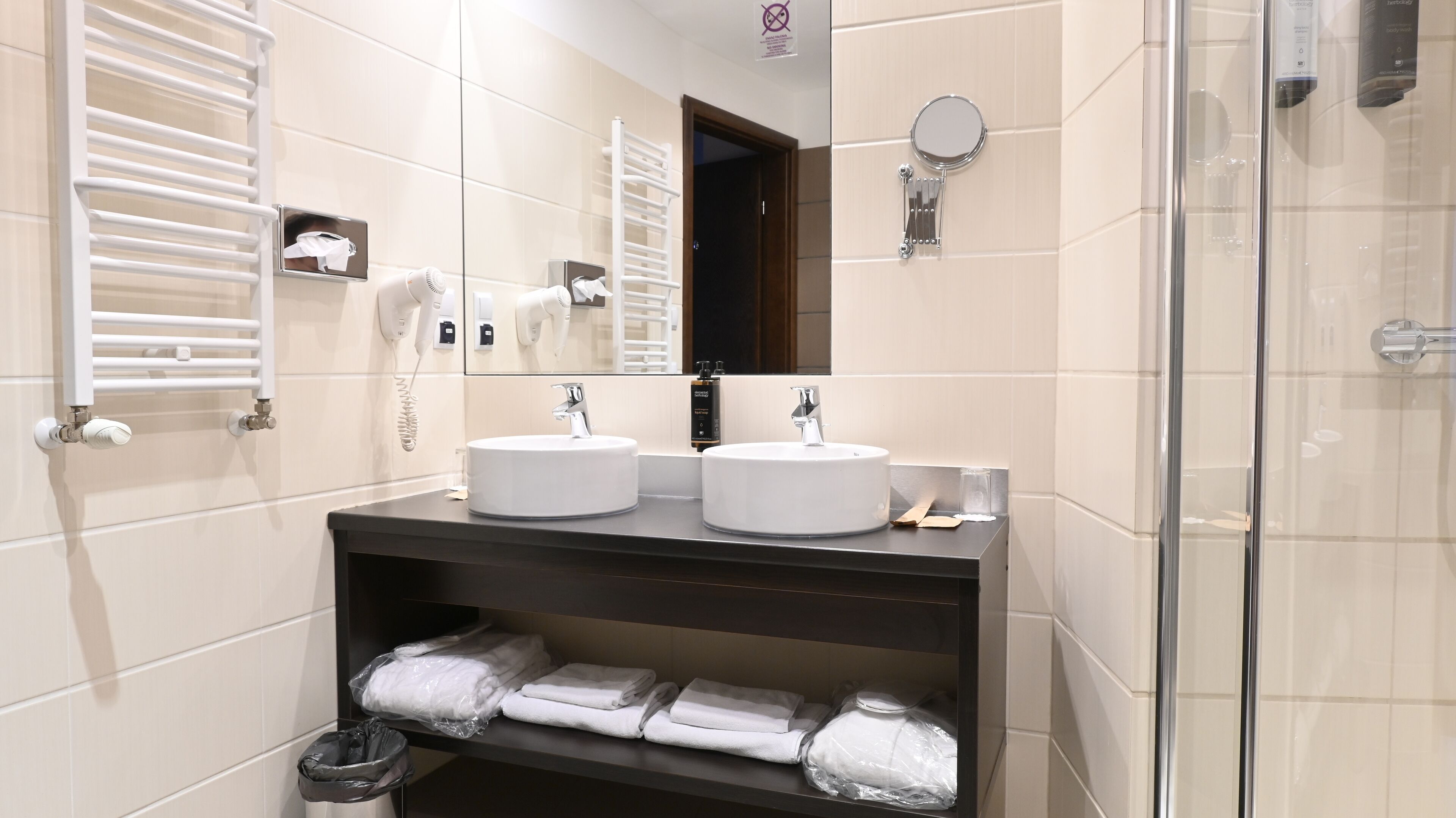 presidential studio suite (204) | bathroom | shower, eco-friendly toiletries, hair dryer, towels