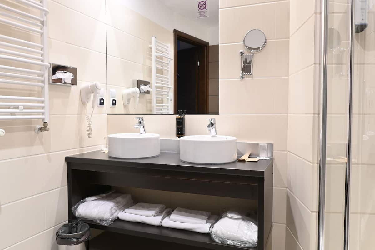 presidential studio suite (204) | bathroom | shower, eco-friendly toiletries, hair dryer, towels