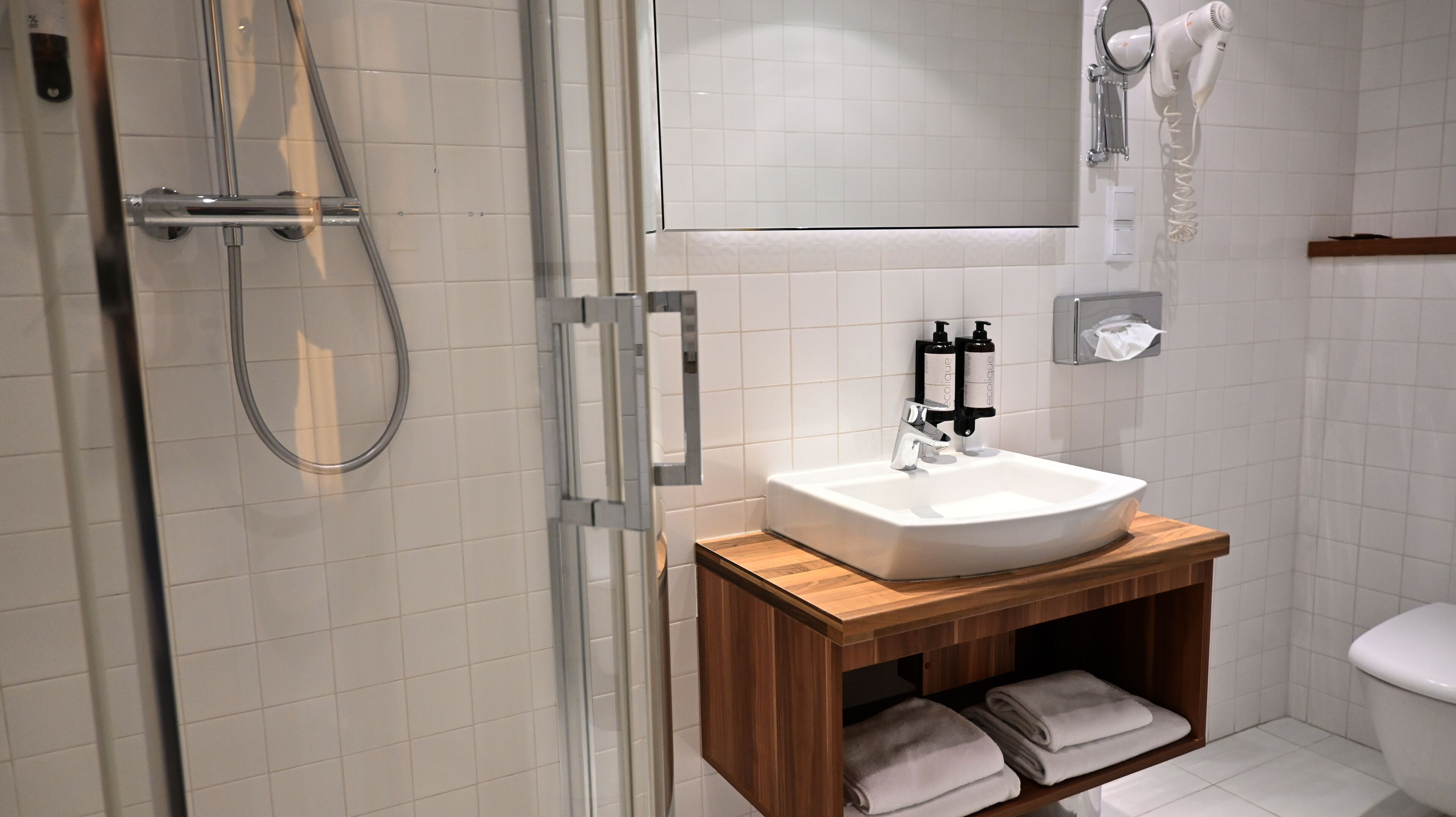 shower, eco-friendly toiletries, hair dryer, towels