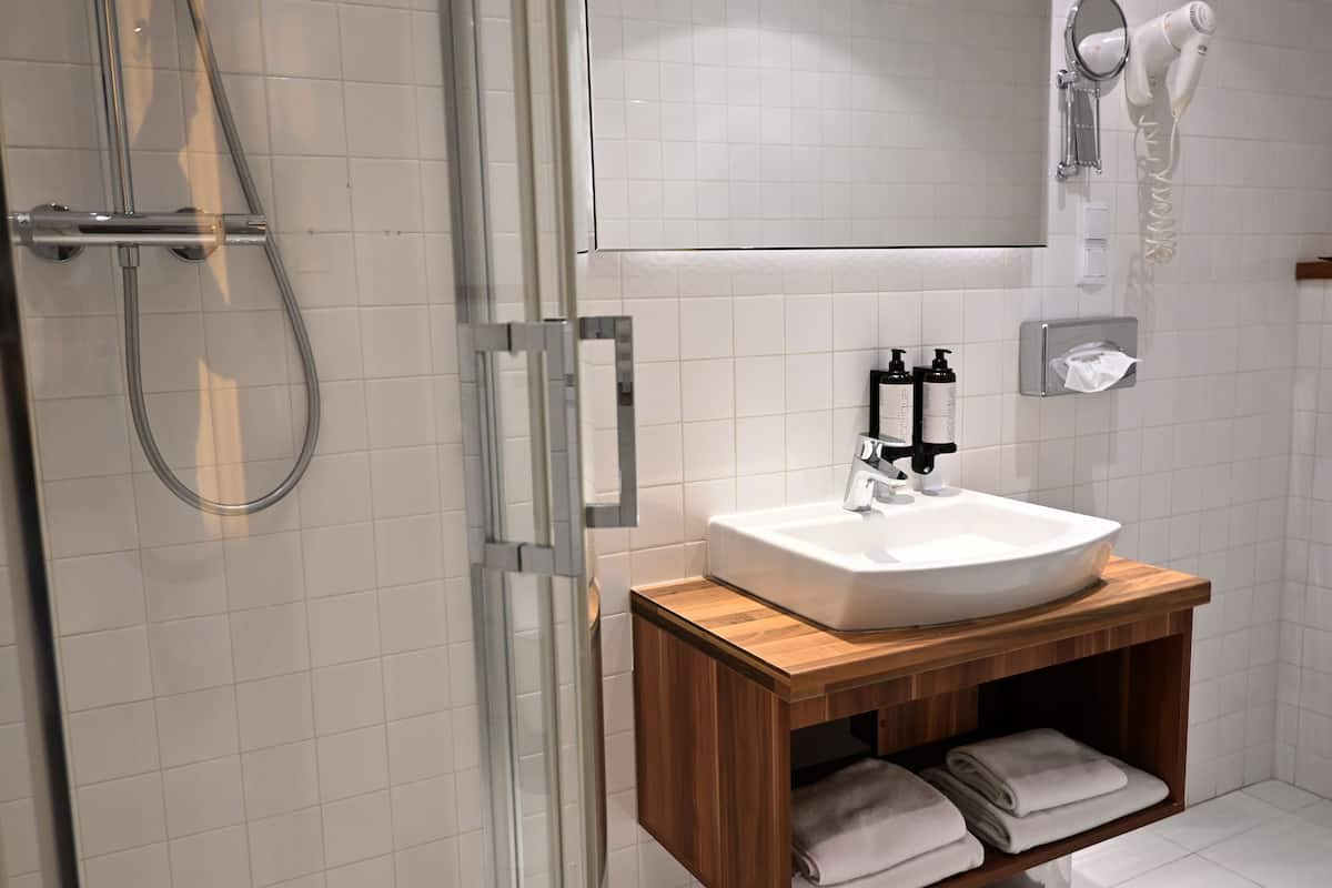 shower, eco-friendly toiletries, hair dryer, towels