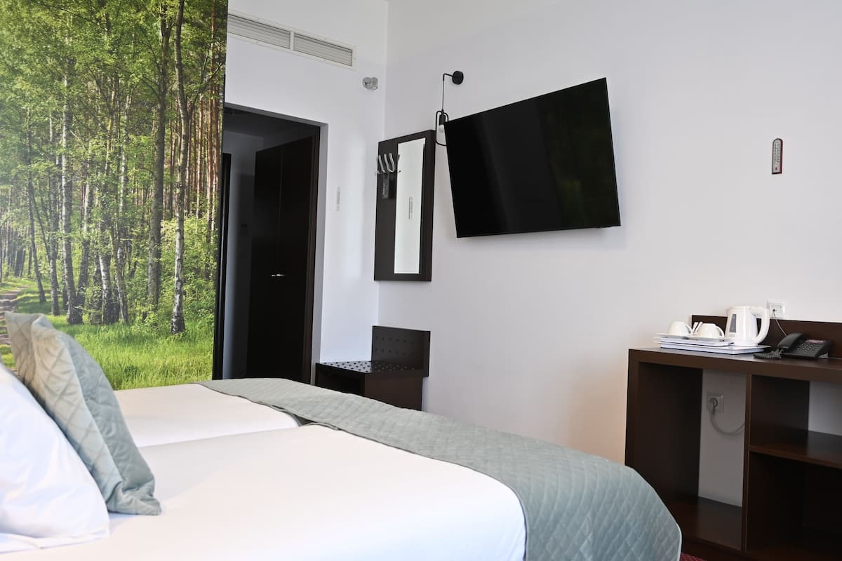 Une chambre d’hôtel avec un lit, un bureau avec un téléphone et un téléviseur fixé au mur.