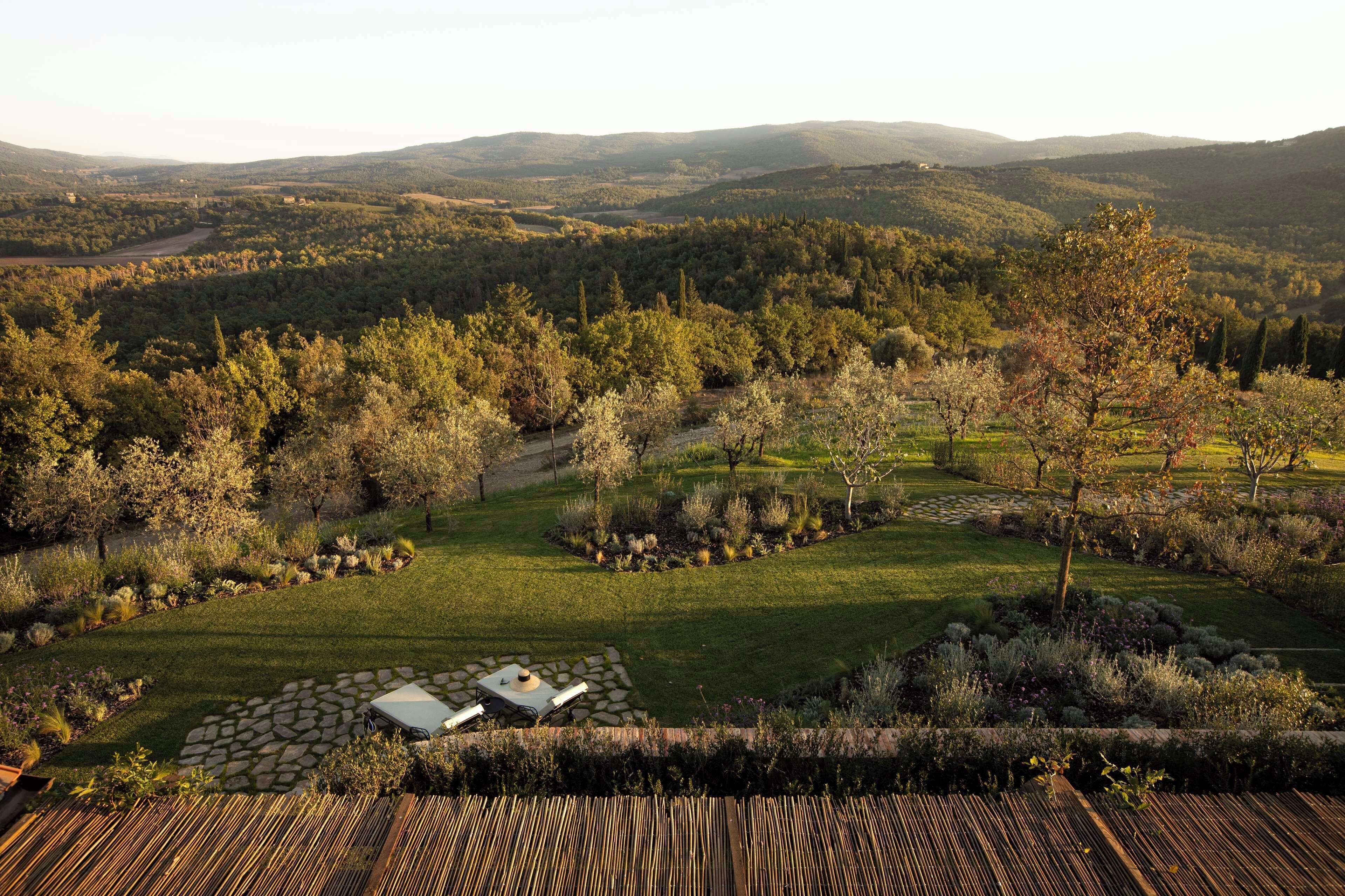 A panoramic view of a lush, green landscape with a stone patio and a small table, surrounded by a variety of trees and shrubs.