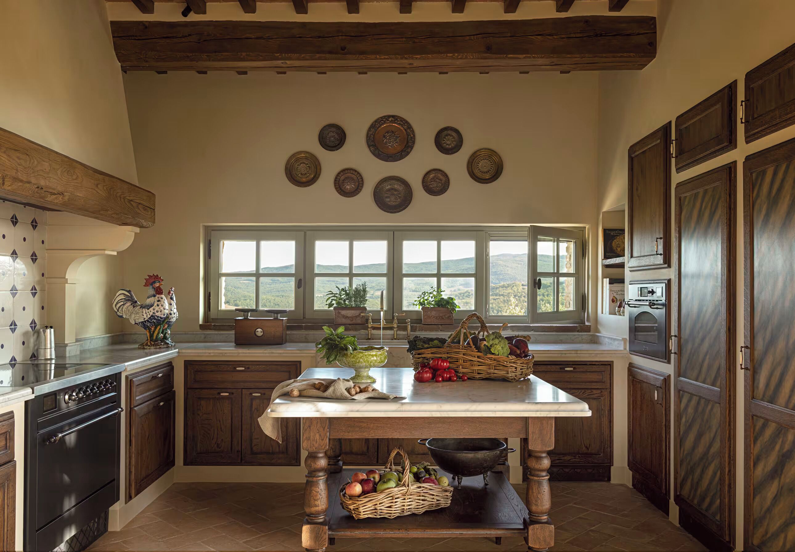 A kitchen with wooden cabinets, a large window, and a stone backsplash.