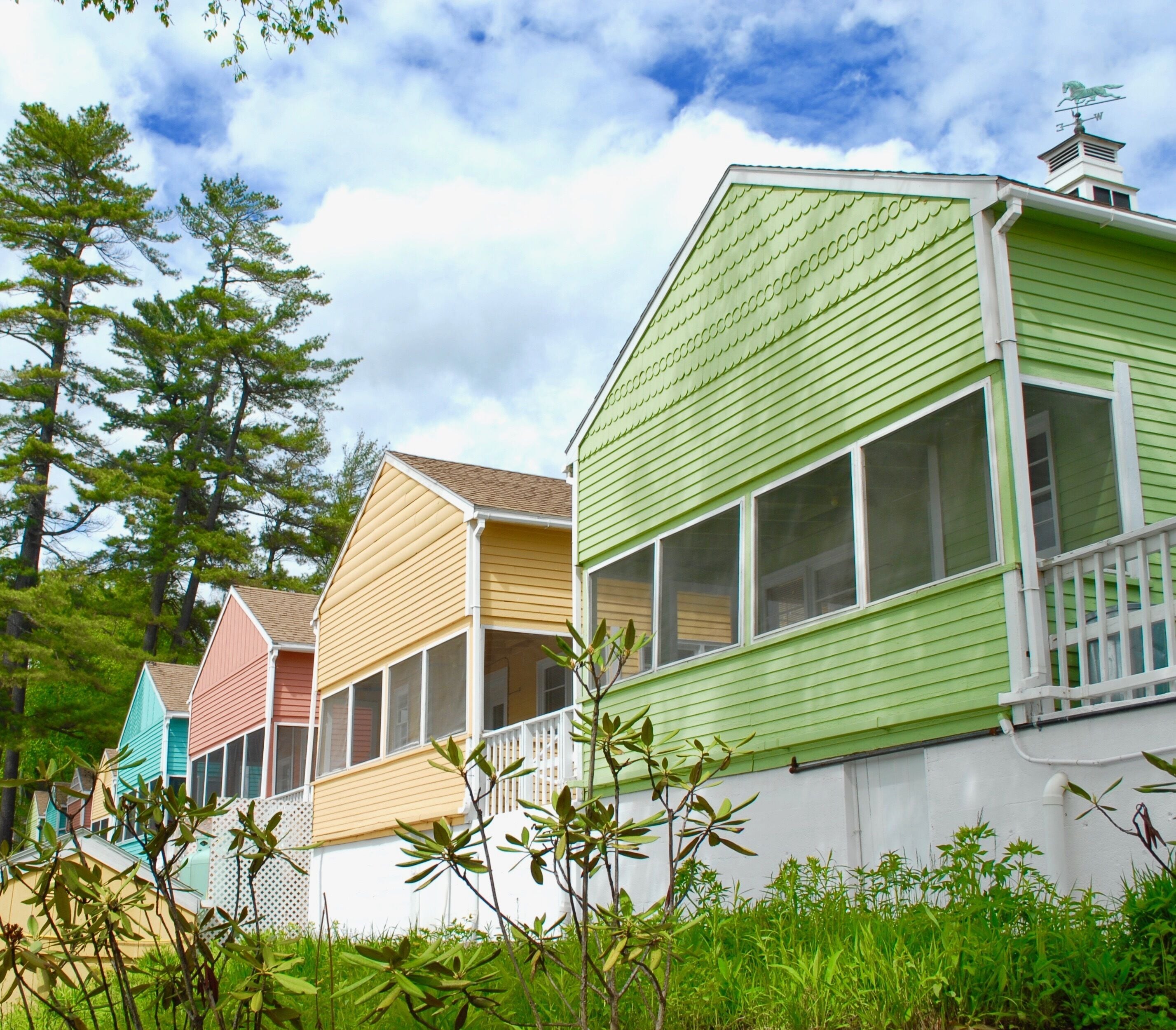 Una hilera de casas móviles coloridas, con una verde al frente, rodeada de árboles y follaje.
