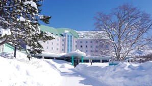 Un edificio cubierto de nieve con techo verde y una entrada amplia.