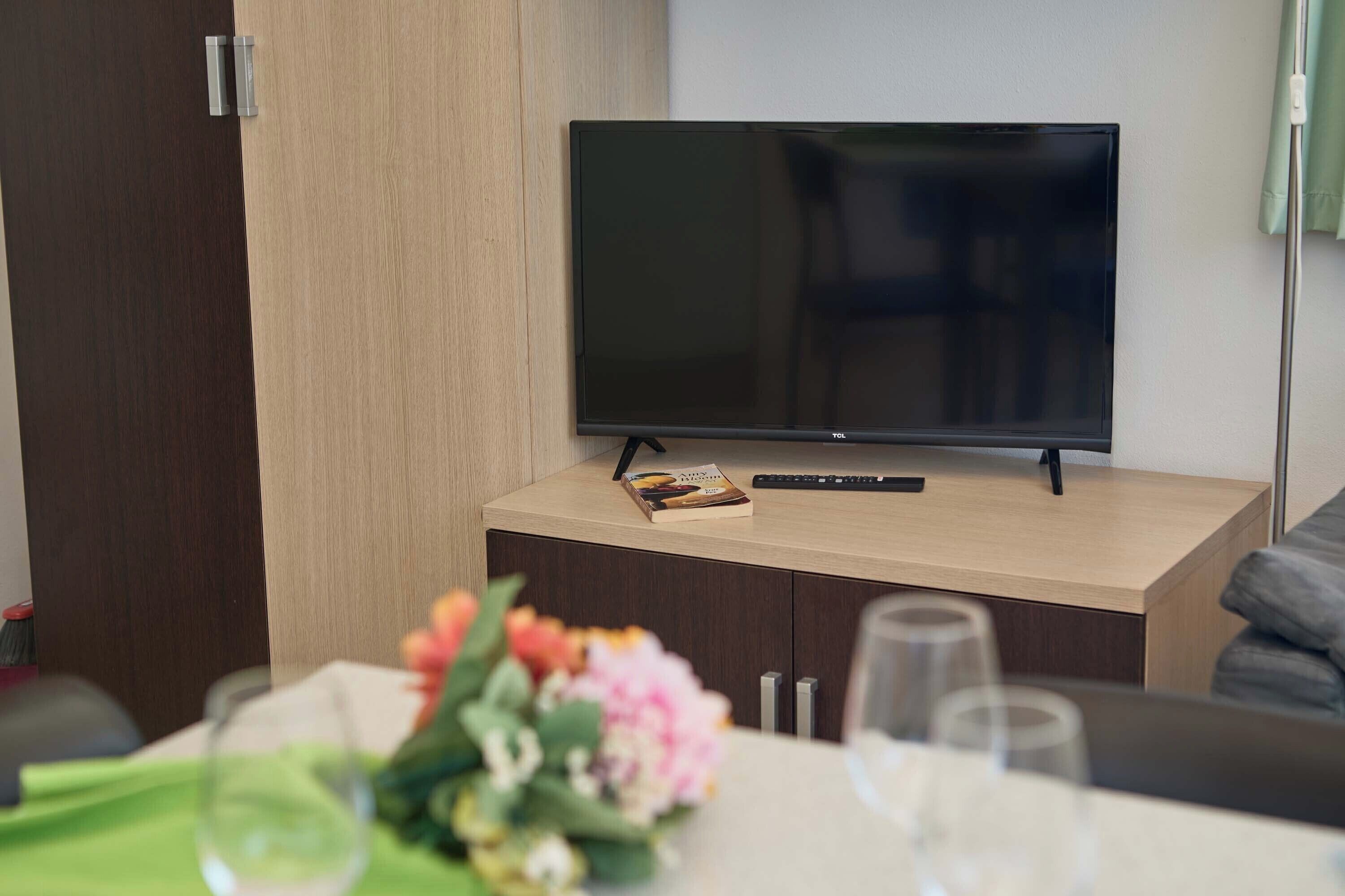 A modern living room with a flat-screen TV on a wooden stand, a remote control, and a book on the stand.
