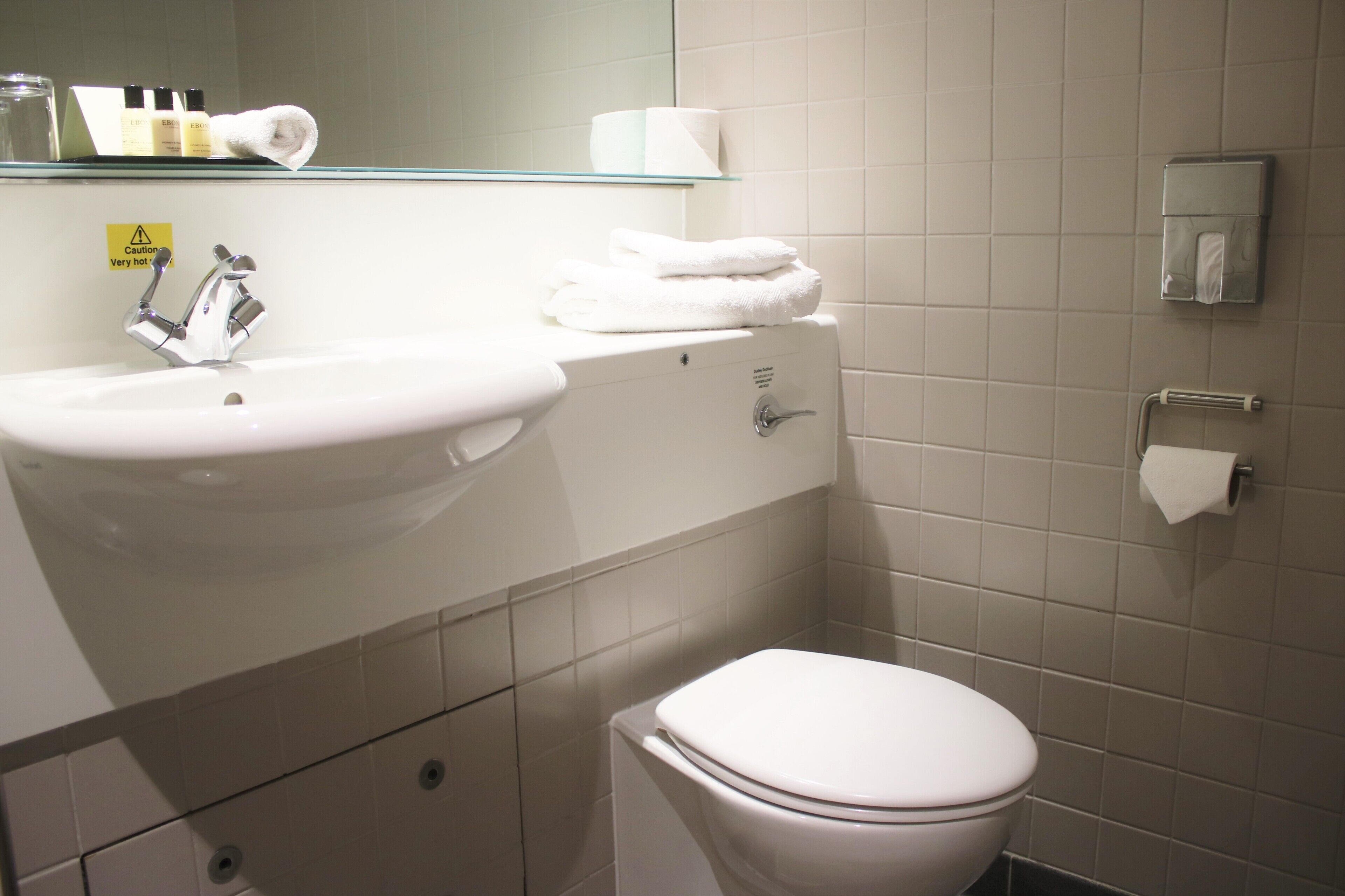 A bathroom with a sink, toilet, and a glass shelf above the sink.