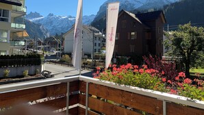 A balcony with a view of a mountain, a flag, and a flower bed.